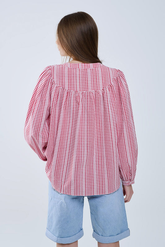 Gingham Red and White Collarless Blouse With Wide Sleeves - Shirts
