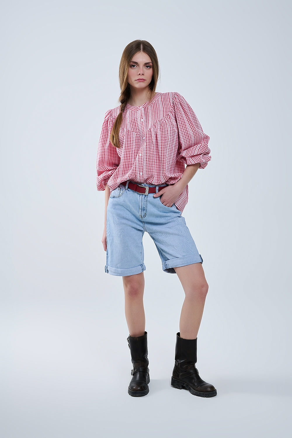 Gingham Red and White Collarless Blouse With Wide Sleeves - Shirts