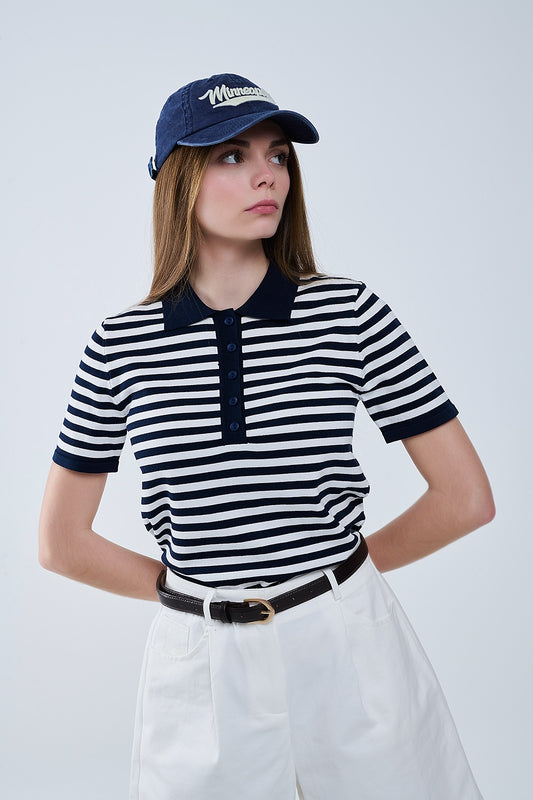 navy and White Striped Knitted Polo T-shirt - jumper