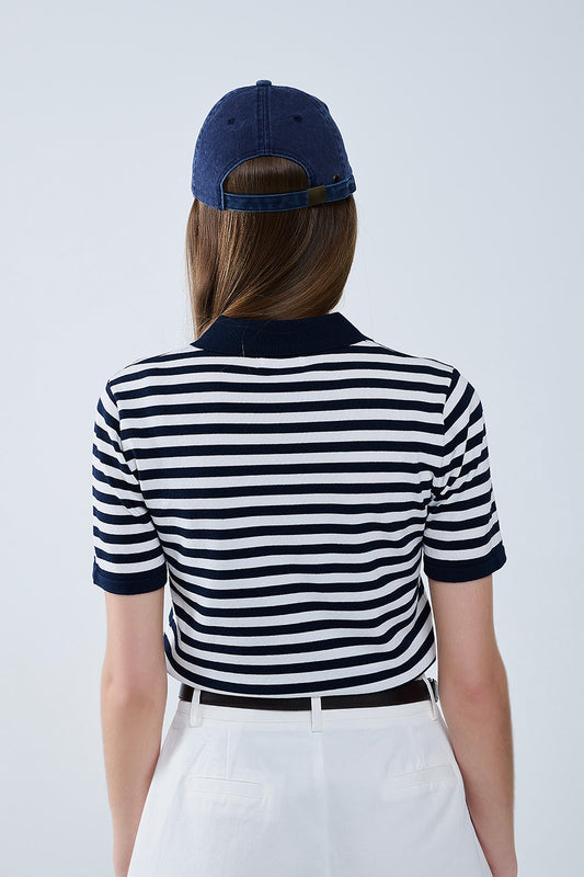 navy and White Striped Knitted Polo T-shirt - jumper