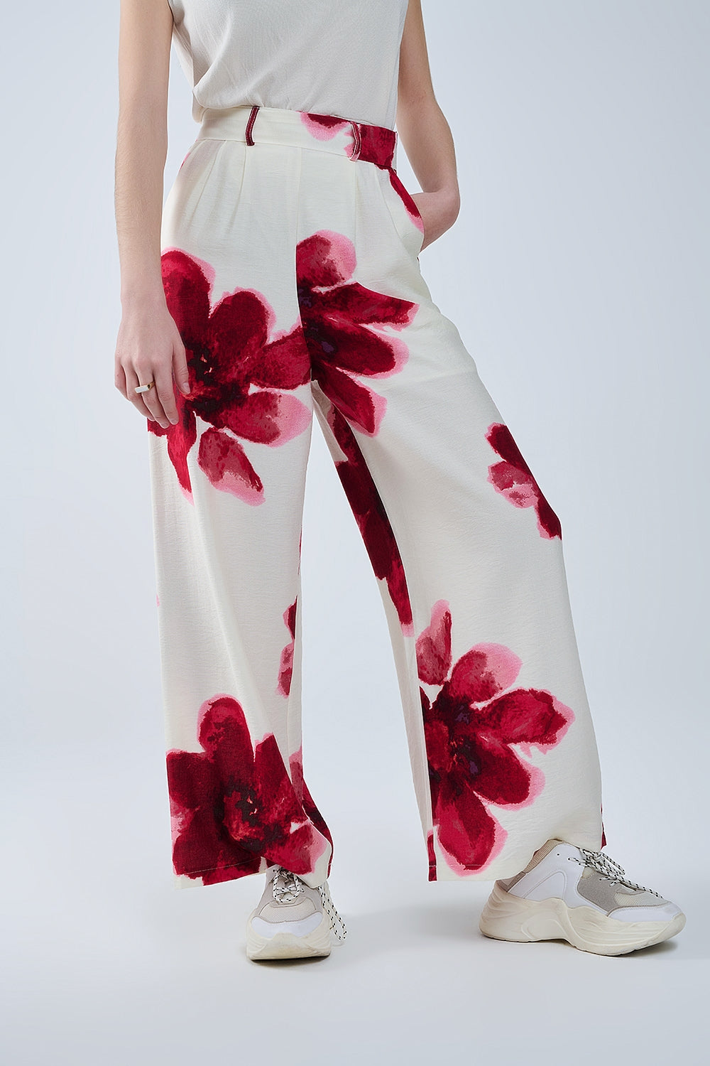 Beige Palazzo Pants With Red Tropial Flower Print and Matching Belt - trousers