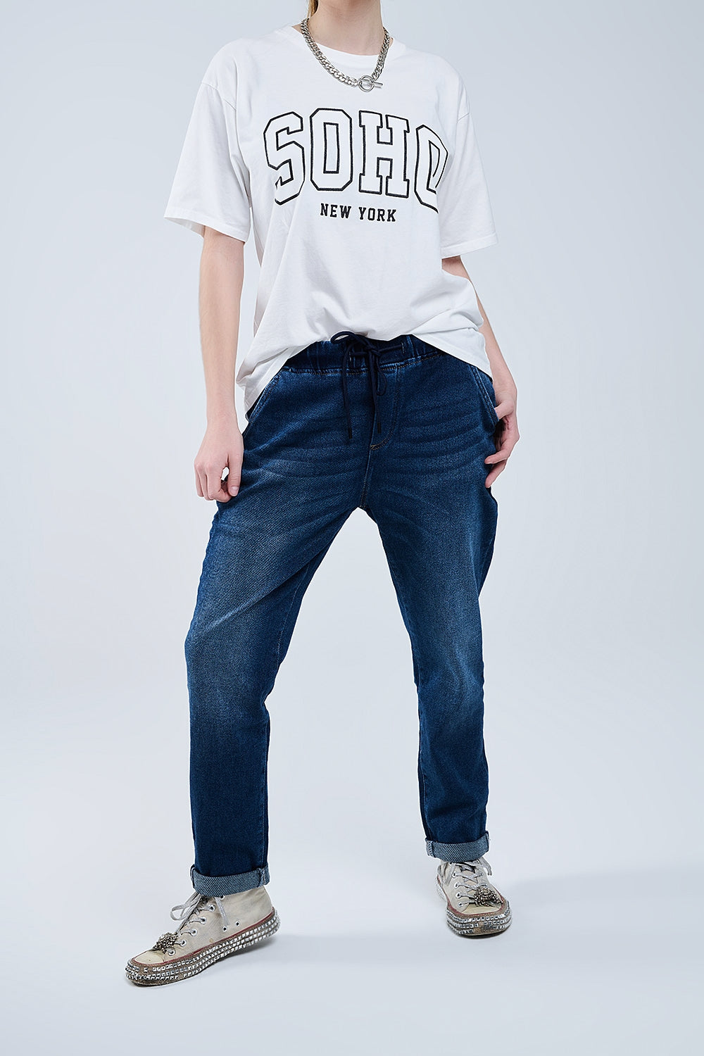 dark wash Jeans With Drwastring and Elastic Waist - Denim