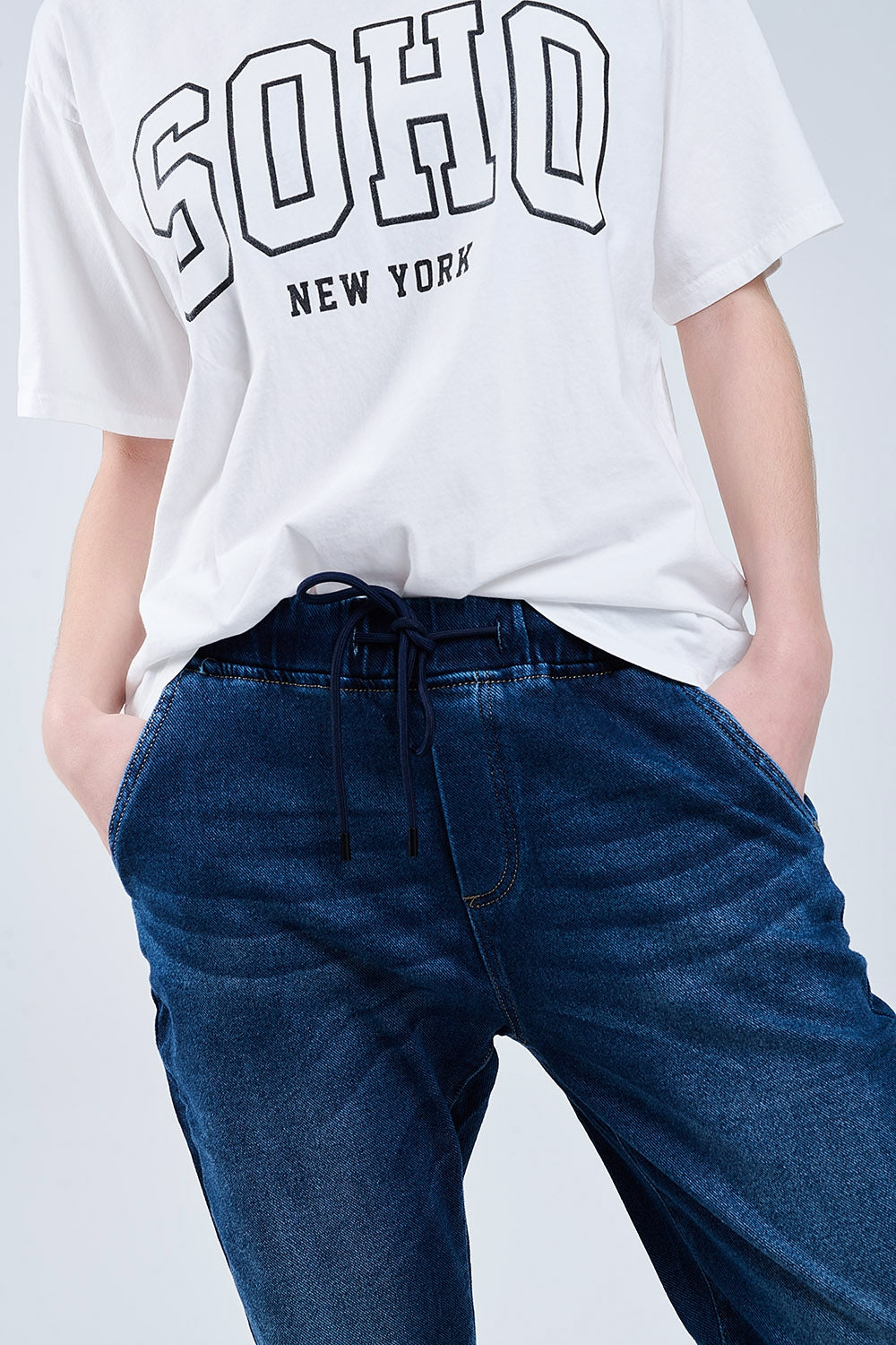 dark wash Jeans With Drwastring and Elastic Waist - Denim