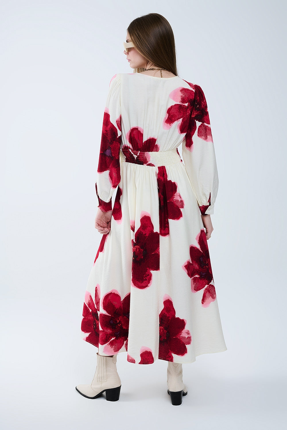Beige wrap midi dress with red tropical floral print and long sleeves - dress