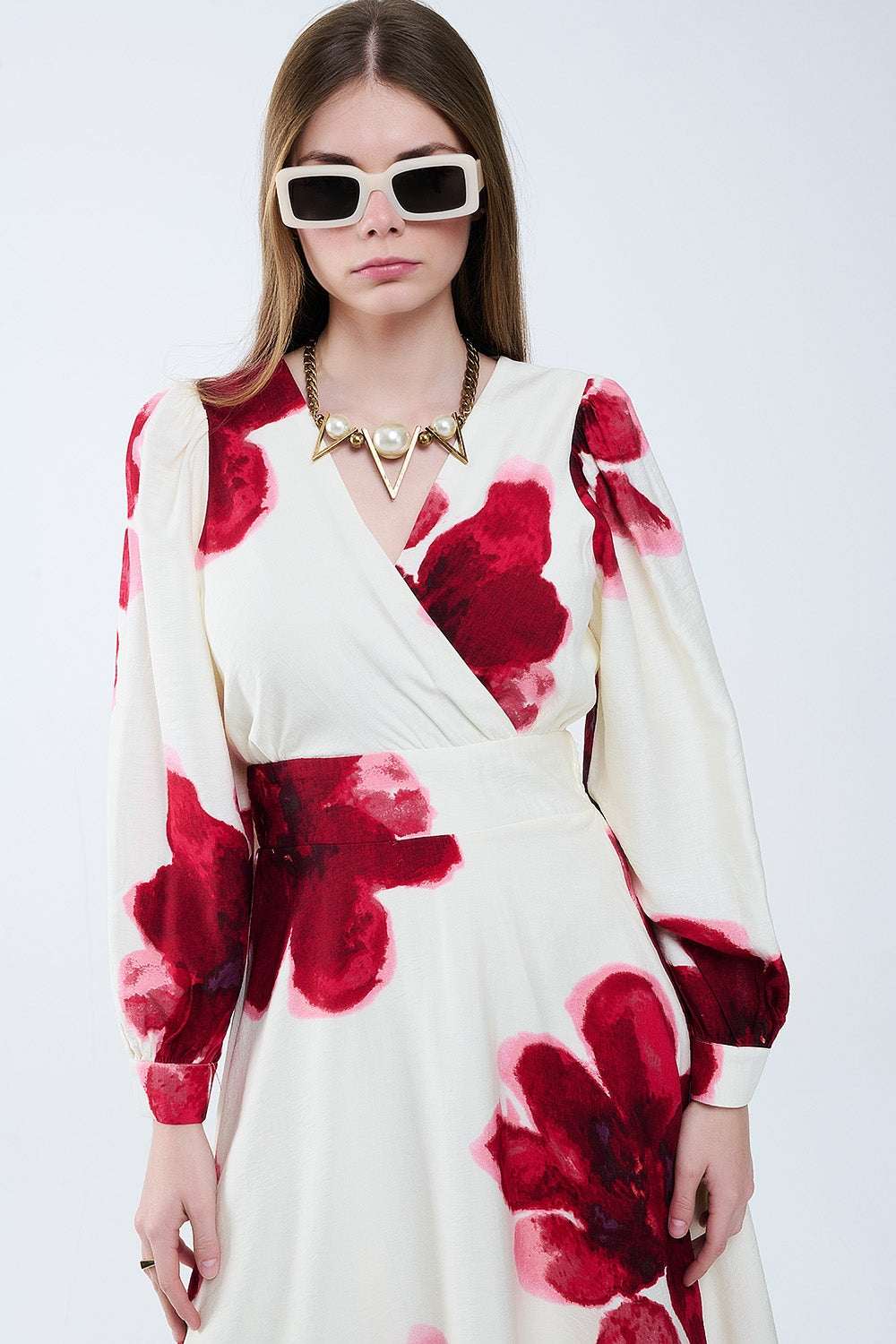 Beige wrap midi dress with red tropical floral print and long sleeves - dress