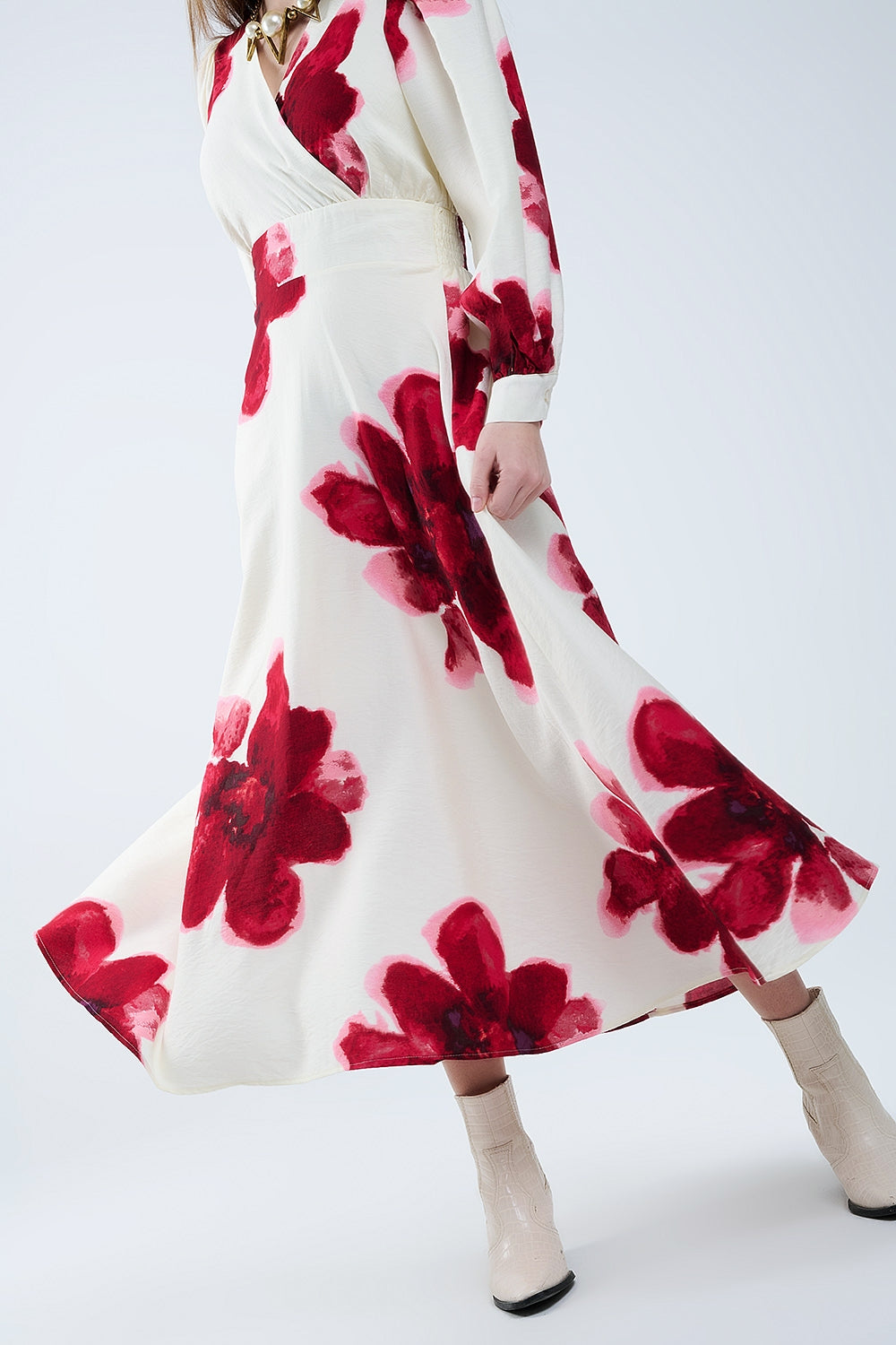 Beige wrap midi dress with red tropical floral print and long sleeves - dress