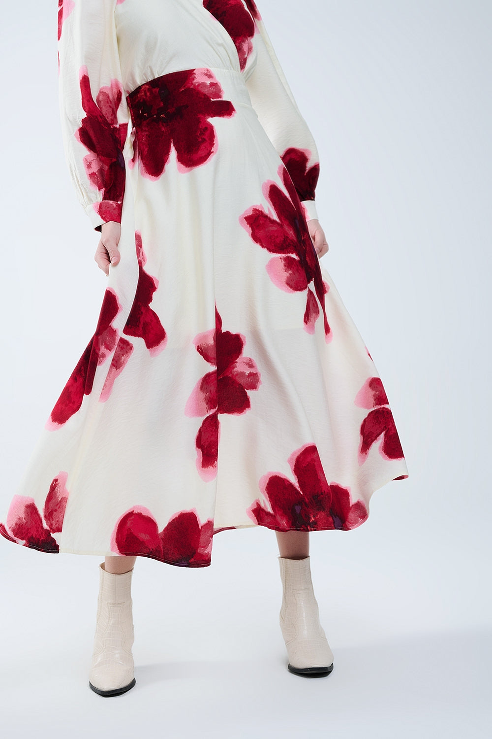 Beige wrap midi dress with red tropical floral print and long sleeves - dress