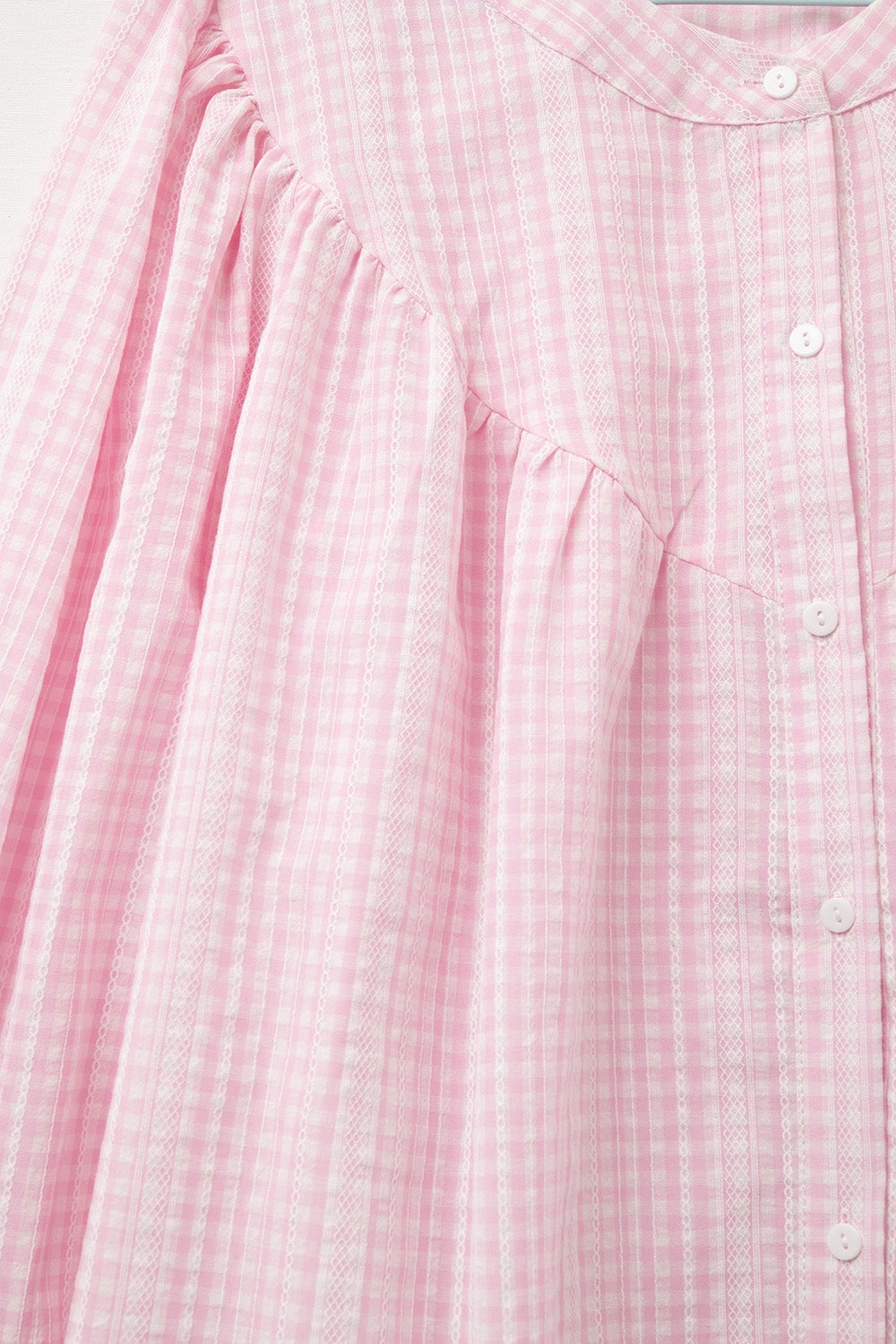 Gingham Pale Pink Collarless Blouse With Wide Sleeves - Shirts