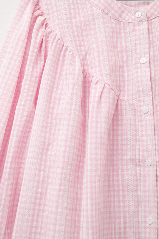 Gingham Pale Pink Collarless Blouse With Wide Sleeves - Shirts