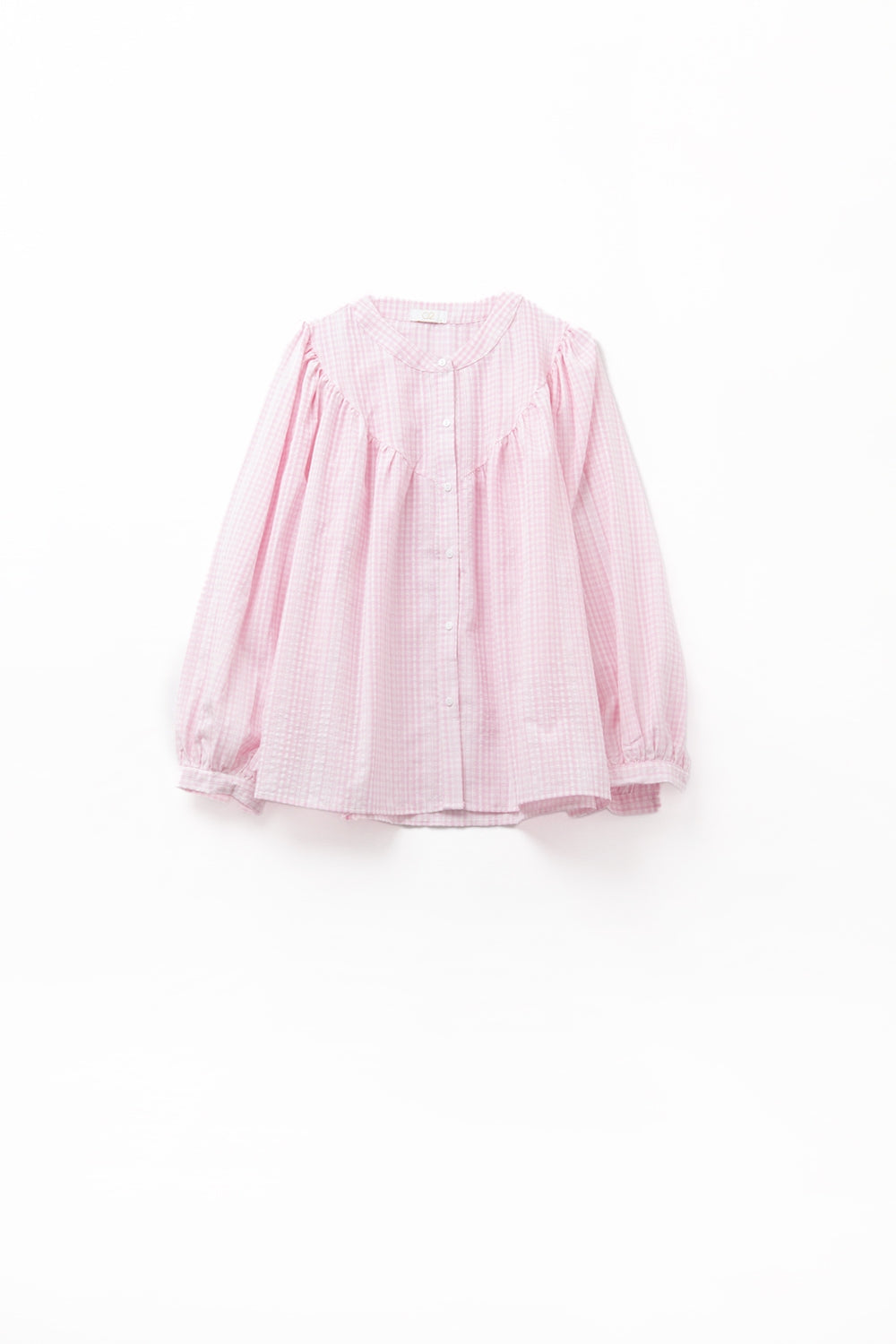 Gingham Pale Pink Collarless Blouse With Wide Sleeves - Shirts
