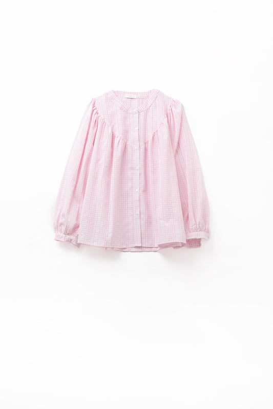 Gingham Pale Pink Collarless Blouse With Wide Sleeves - Shirts