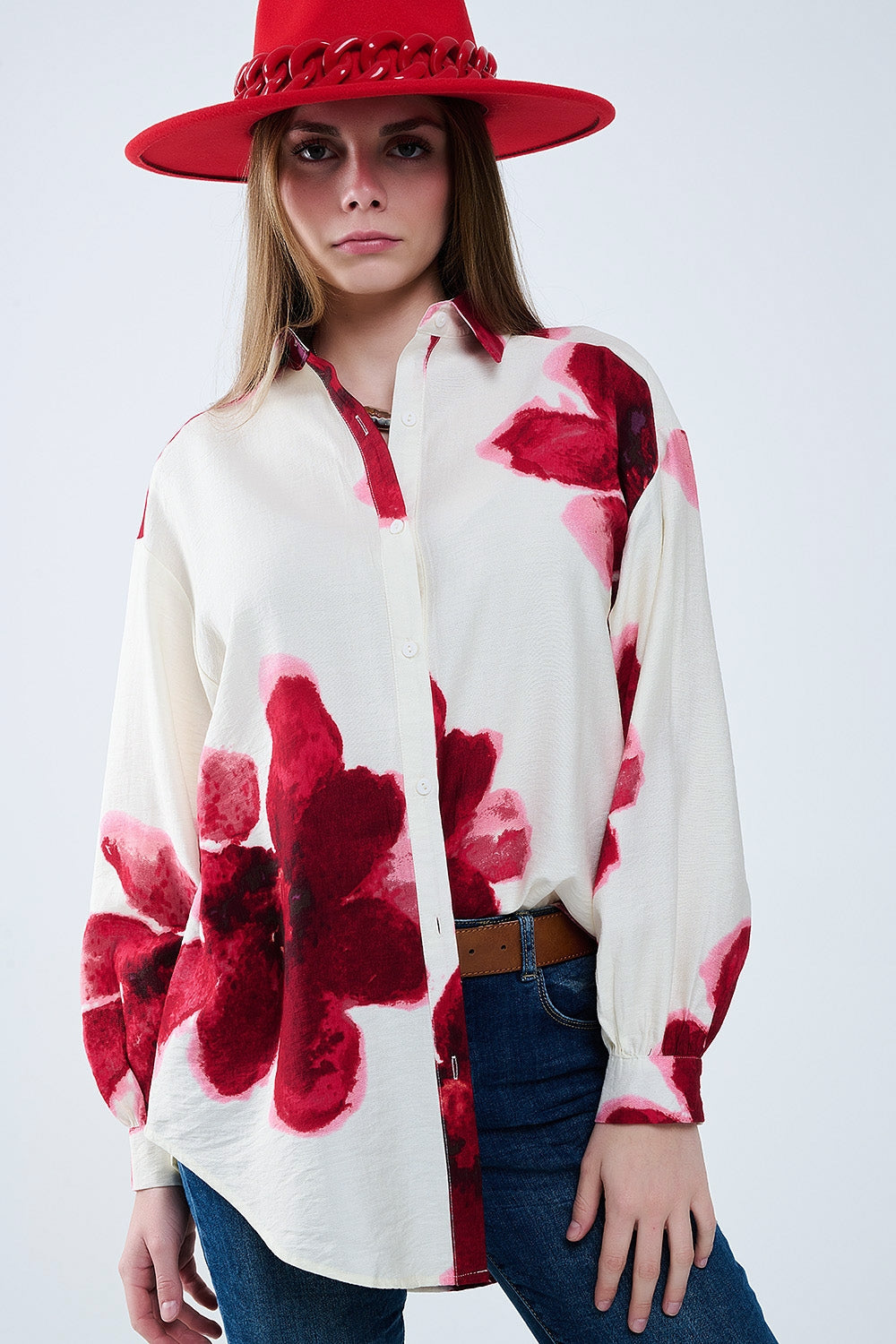 Chemise décontractée beige à imprimé floral tropical rouge