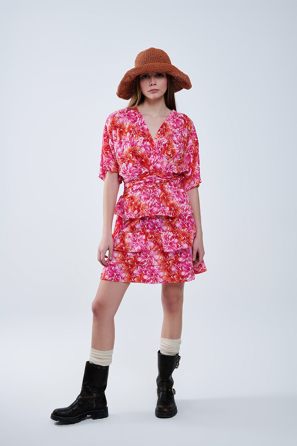Floral printed Dress With Pink Orange and Red Tones - dress