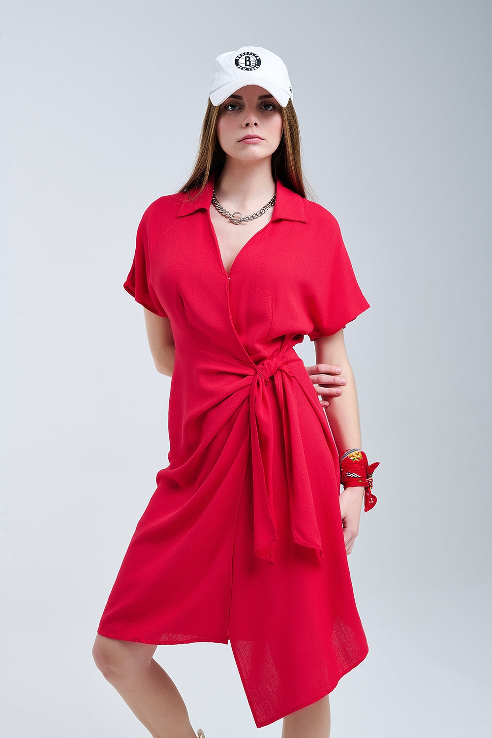 Red Midi Dress With Bow At The Side - dress