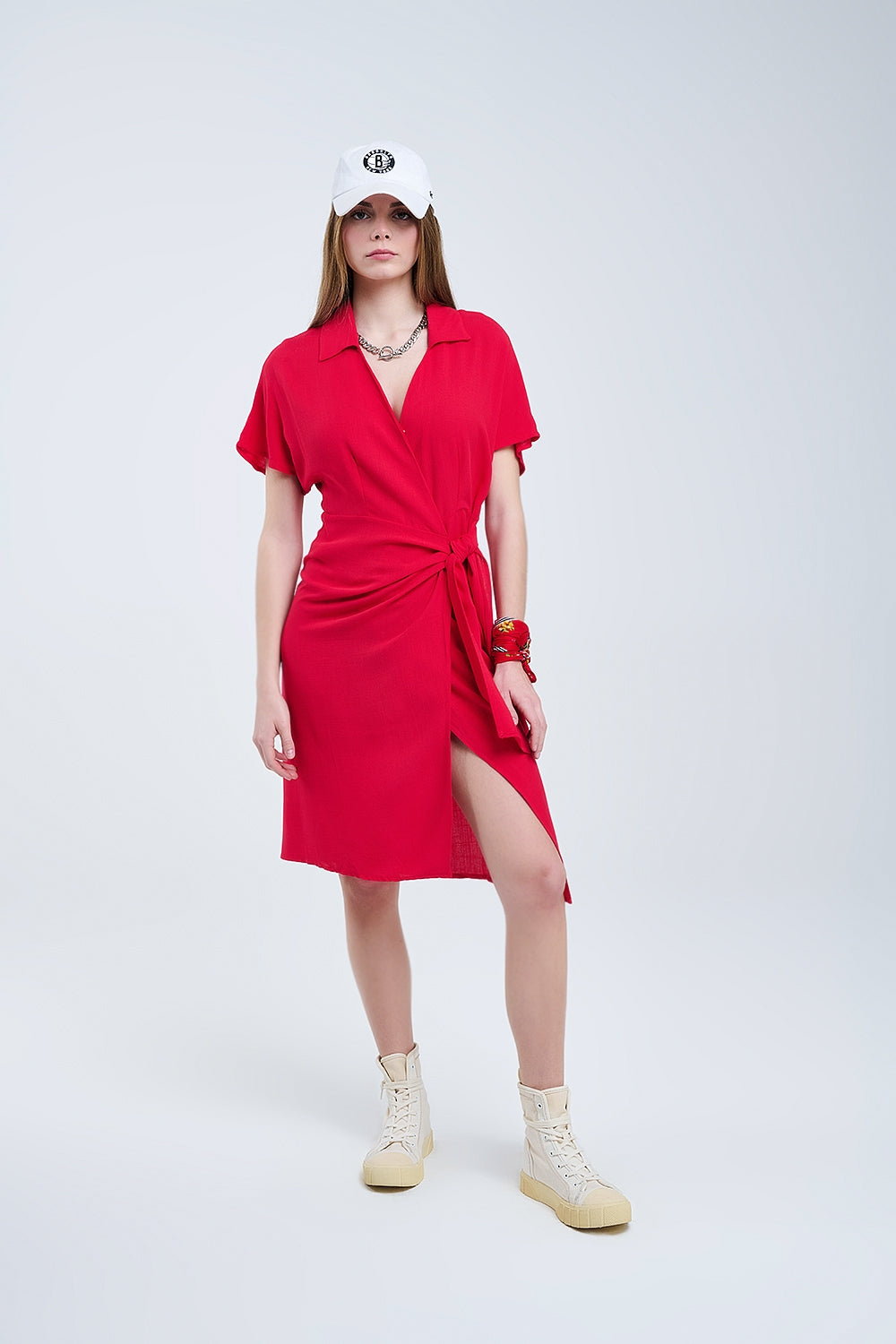 Red Midi Dress With Bow At The Side - dress