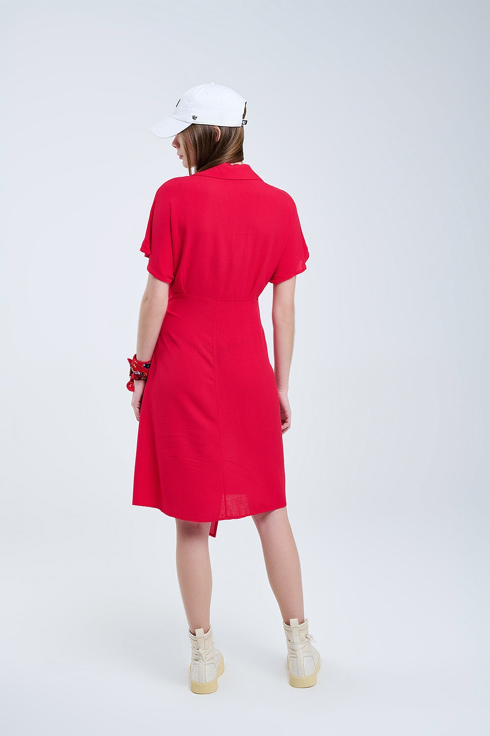Red Midi Dress With Bow At The Side - dress