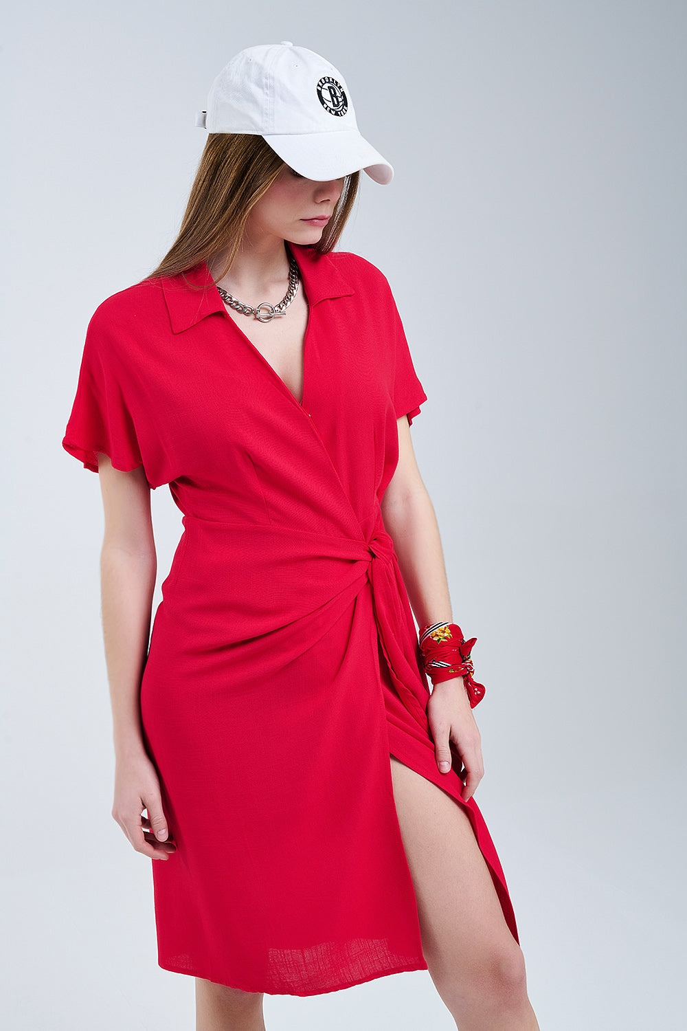 Red Midi Dress With Bow At The Side - dress