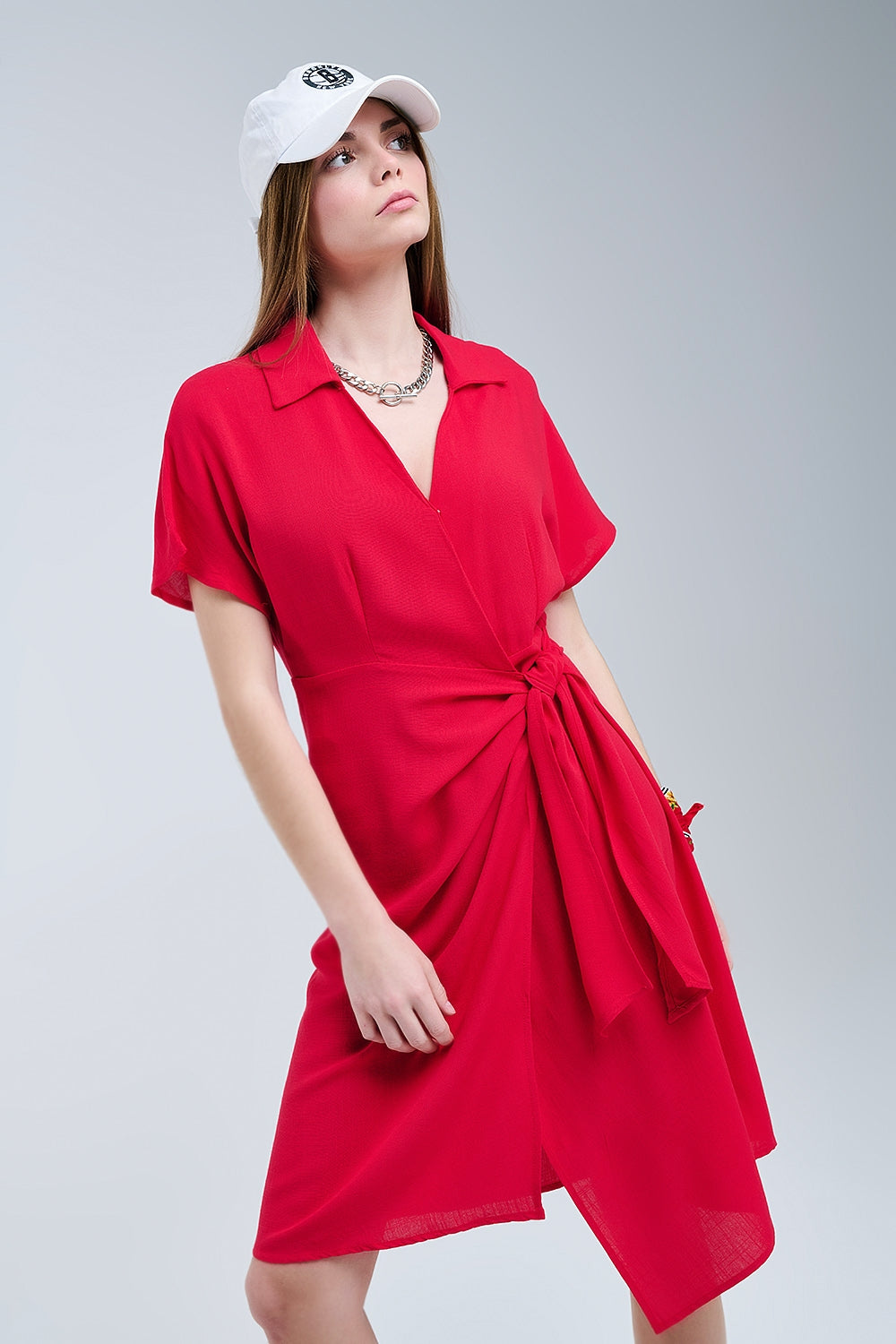 Red Midi Dress With Bow At The Side - dress