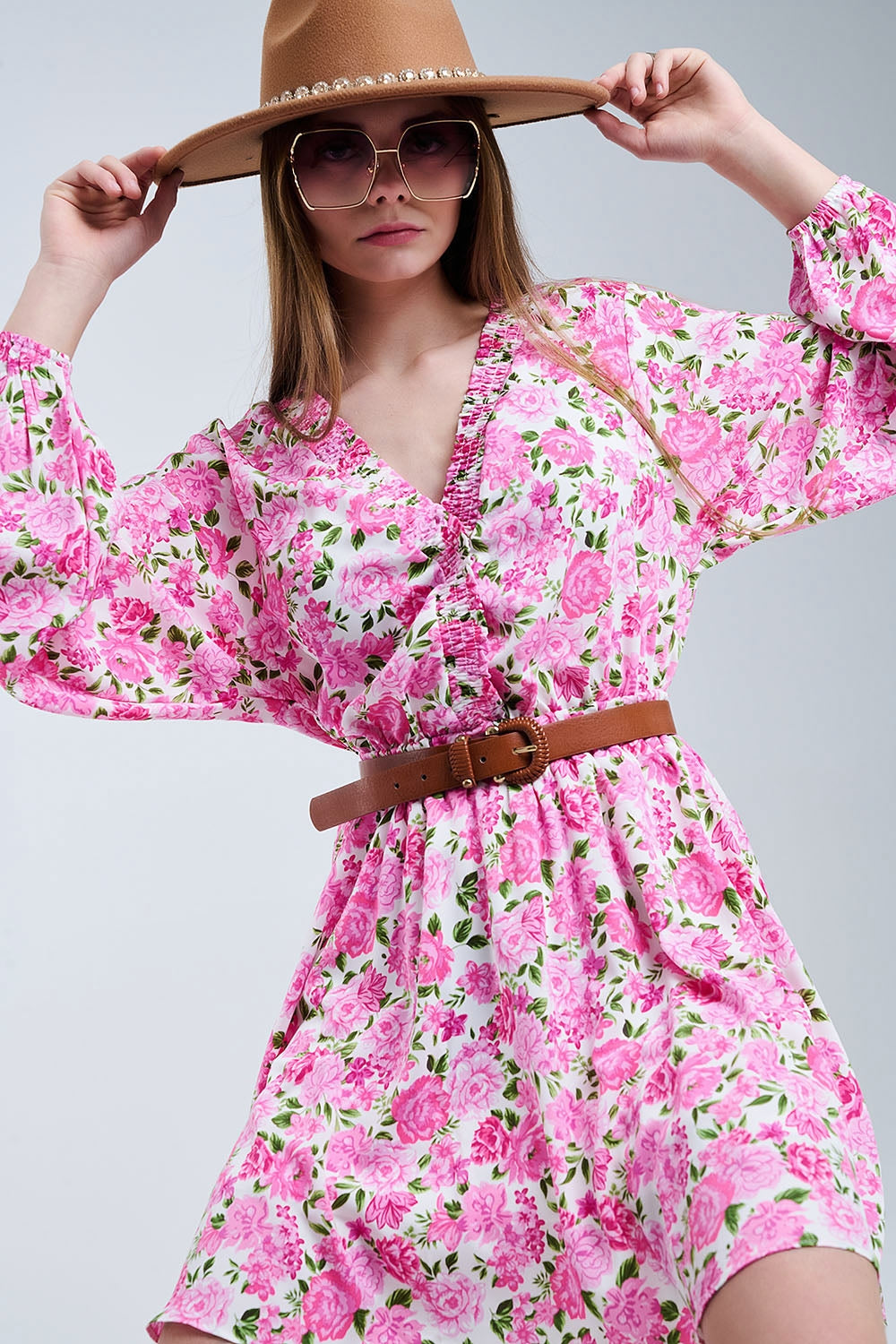 Floral V-Neck Dress with Pink Blooms and Green Accents - dress