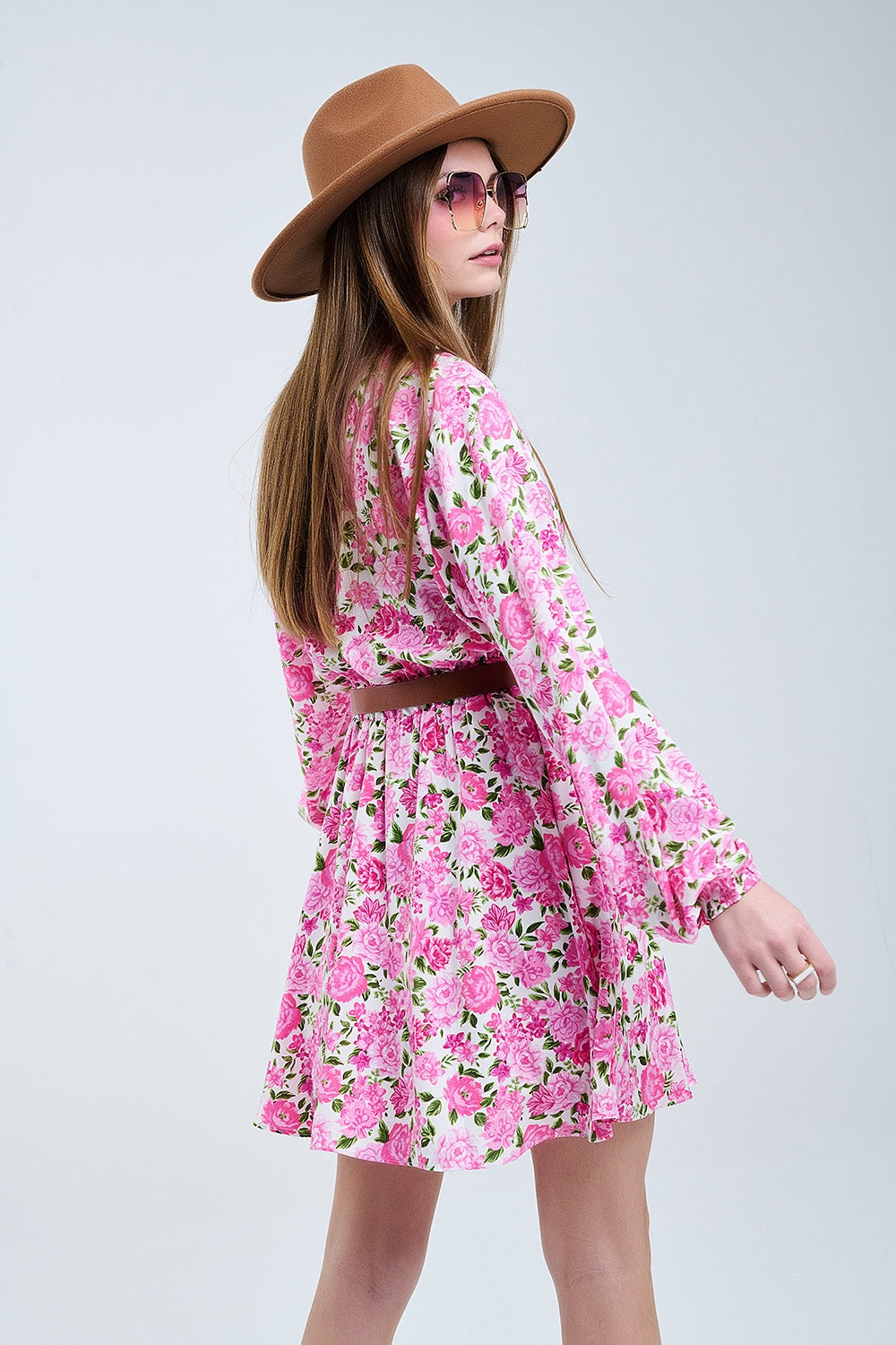 Floral V-Neck Dress with Pink Blooms and Green Accents - dress