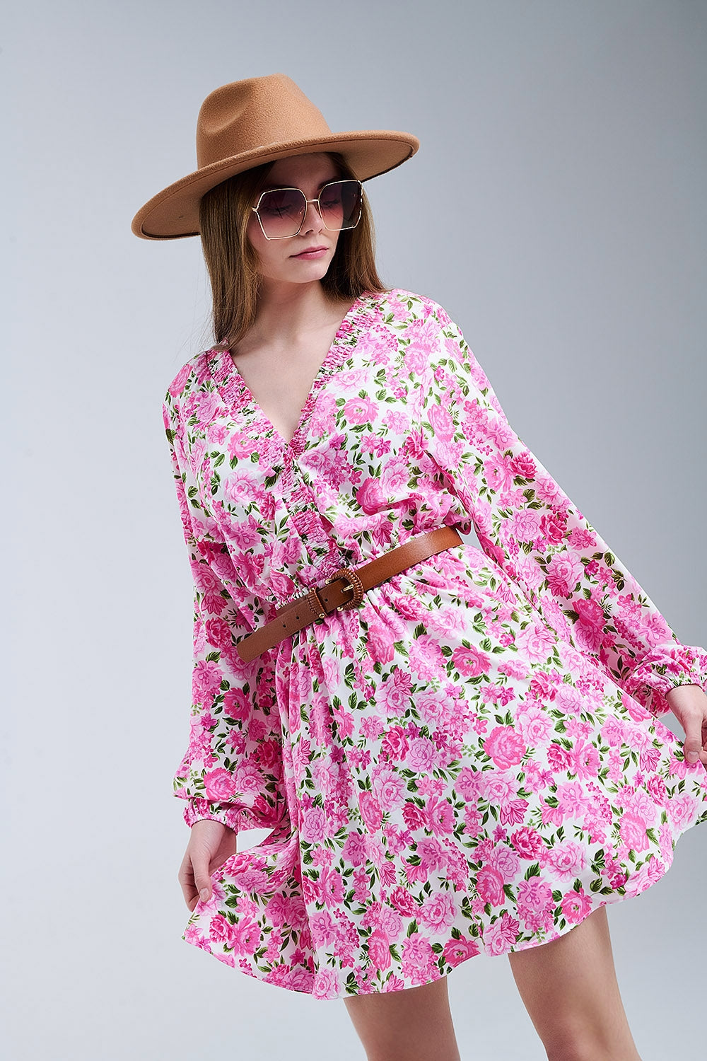 Floral V-Neck Dress with Pink Blooms and Green Accents - dress