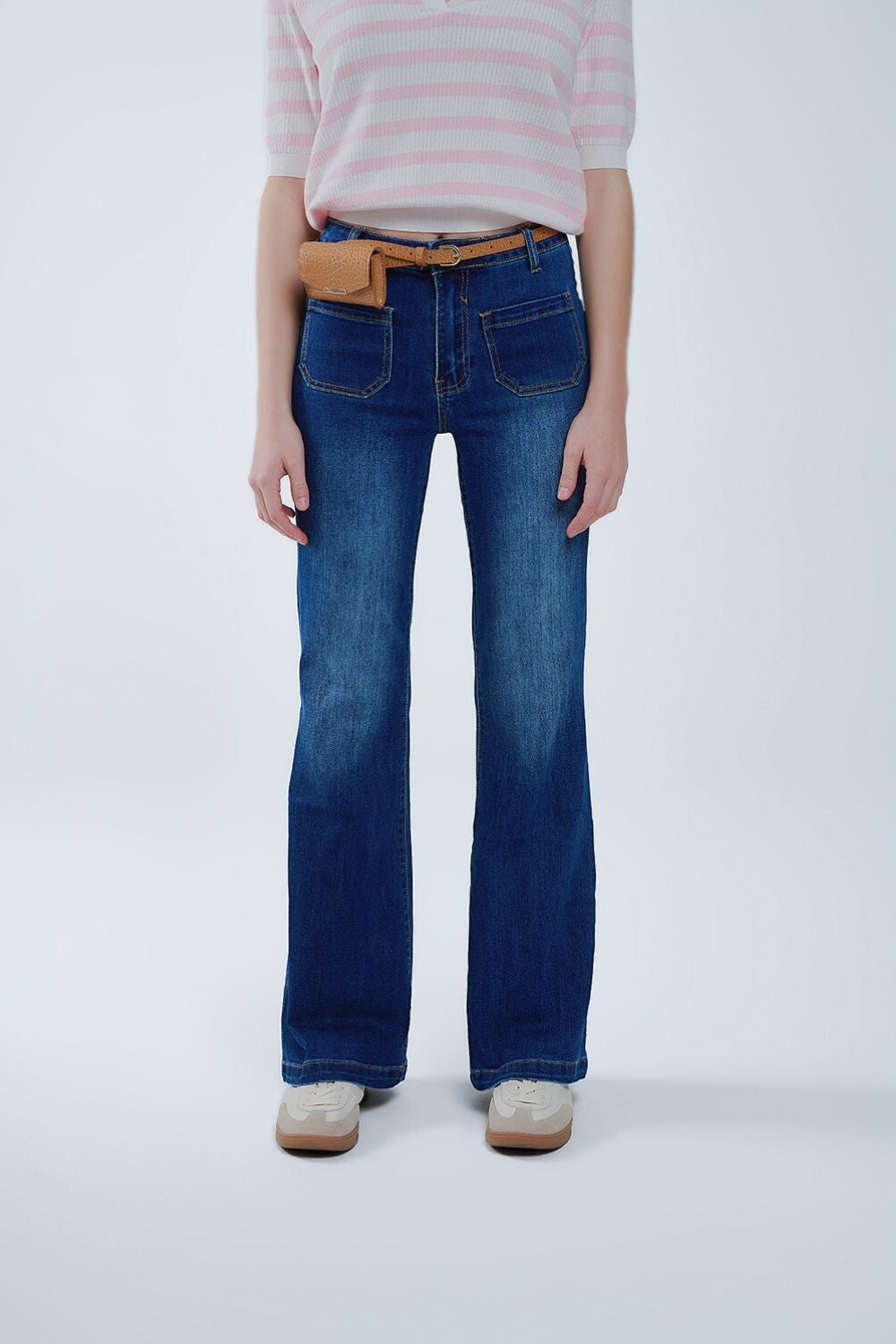 Dark Blue Flared Jeans with Front Pockets - Denim