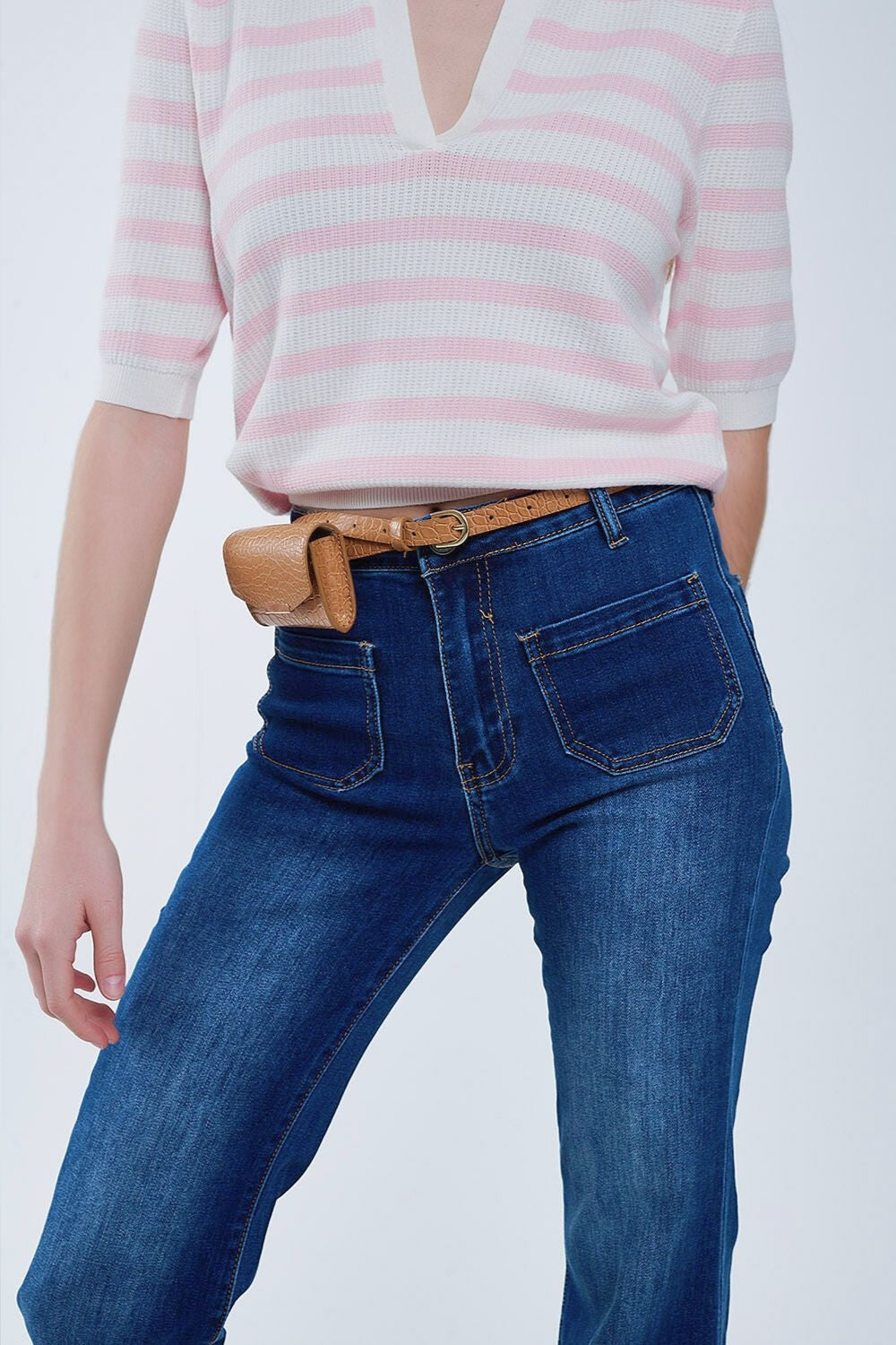 Dark Blue Flared Jeans with Front Pockets - Denim