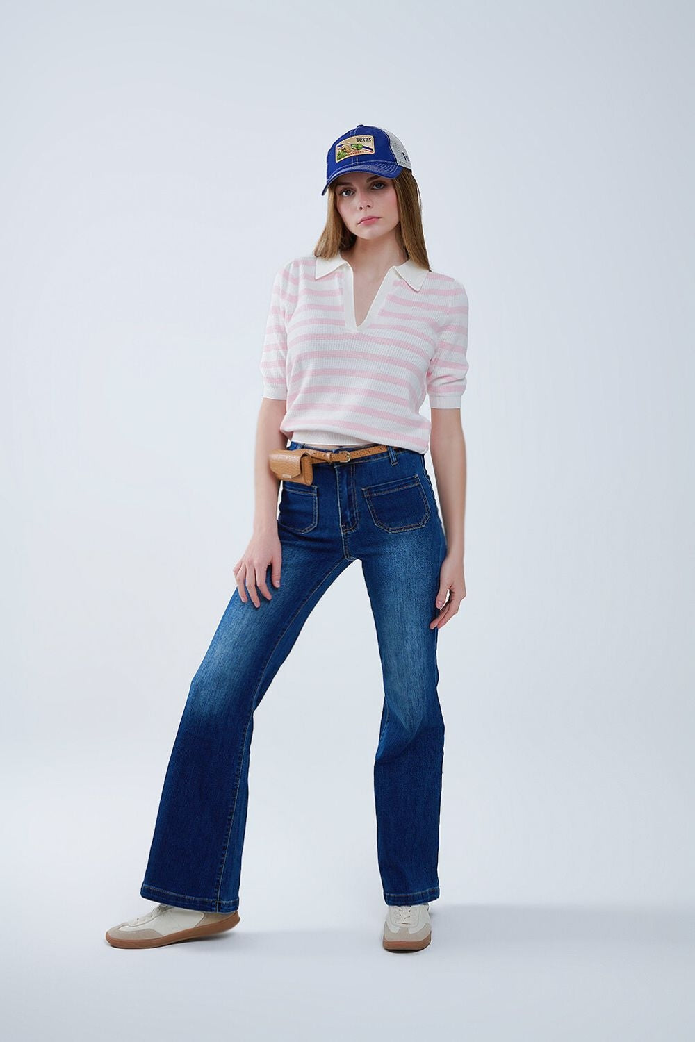 Dark Blue Flared Jeans with Front Pockets - Denim