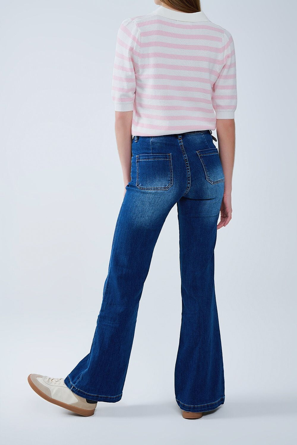 Dark Blue Flared Jeans with Front Pockets - Denim