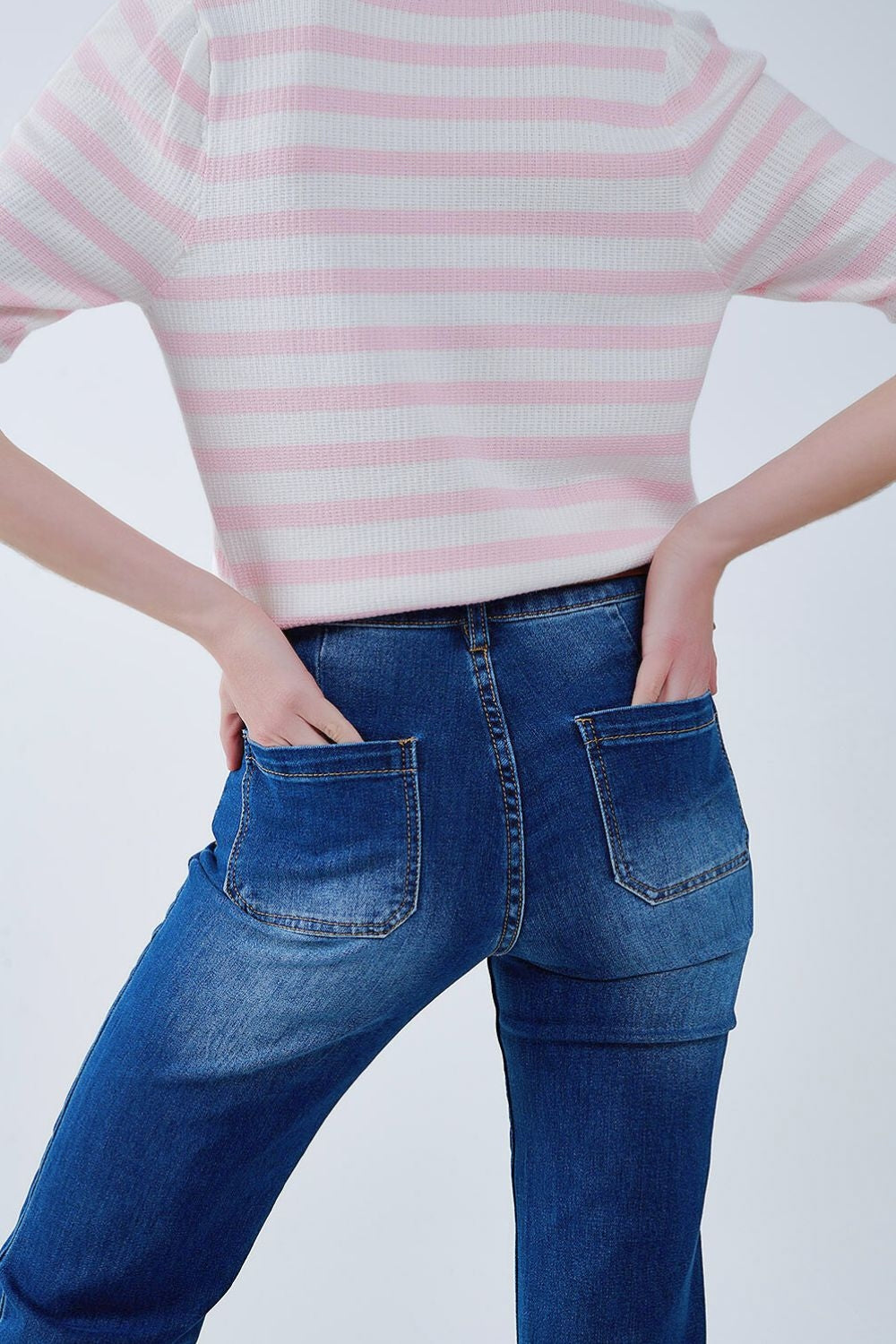 Dark Blue Flared Jeans with Front Pockets - Denim