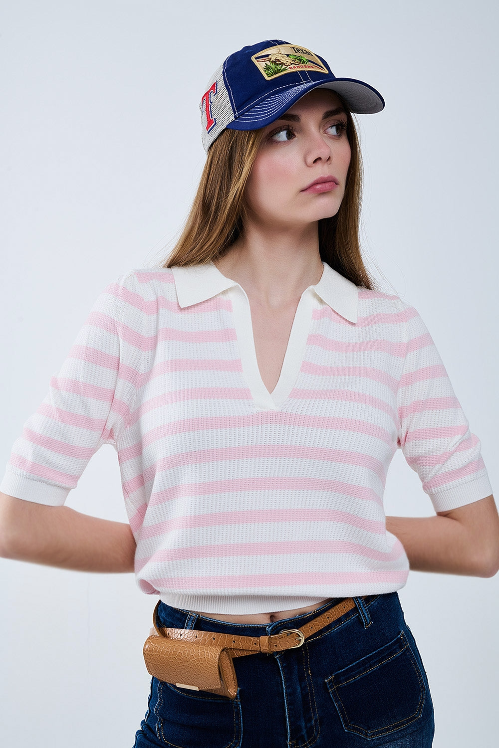 White Crop knitted polo Top with Pink Stripes