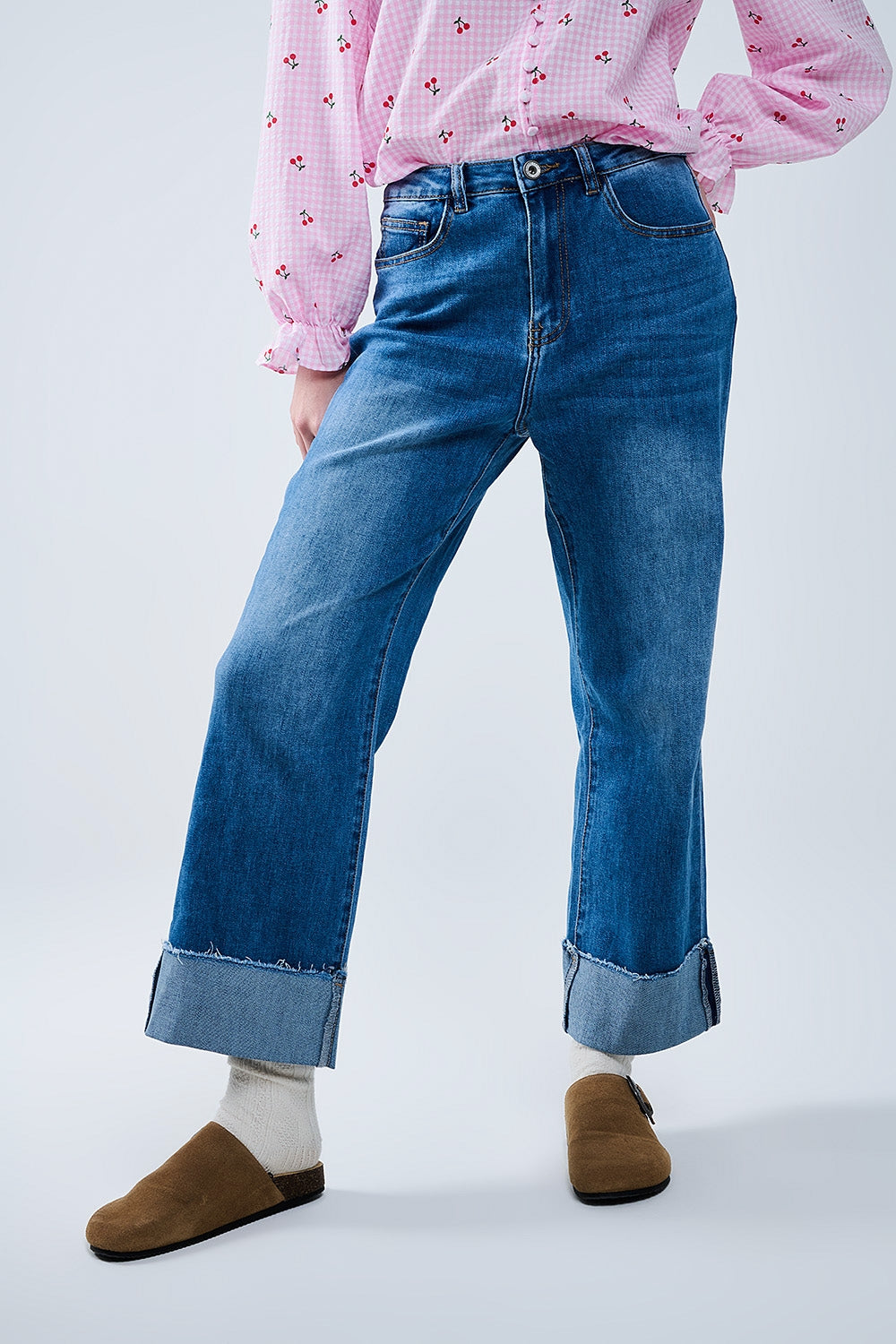 medium wash straight fit on cuffed hem jeans - Denim