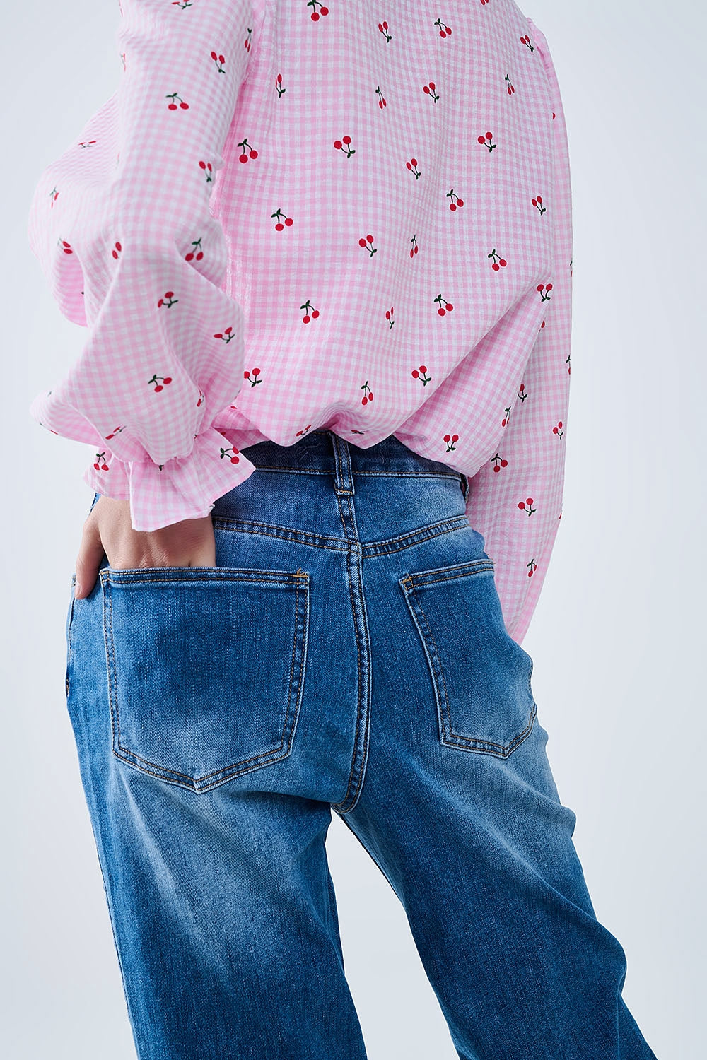 medium wash straight fit on cuffed hem jeans - Denim