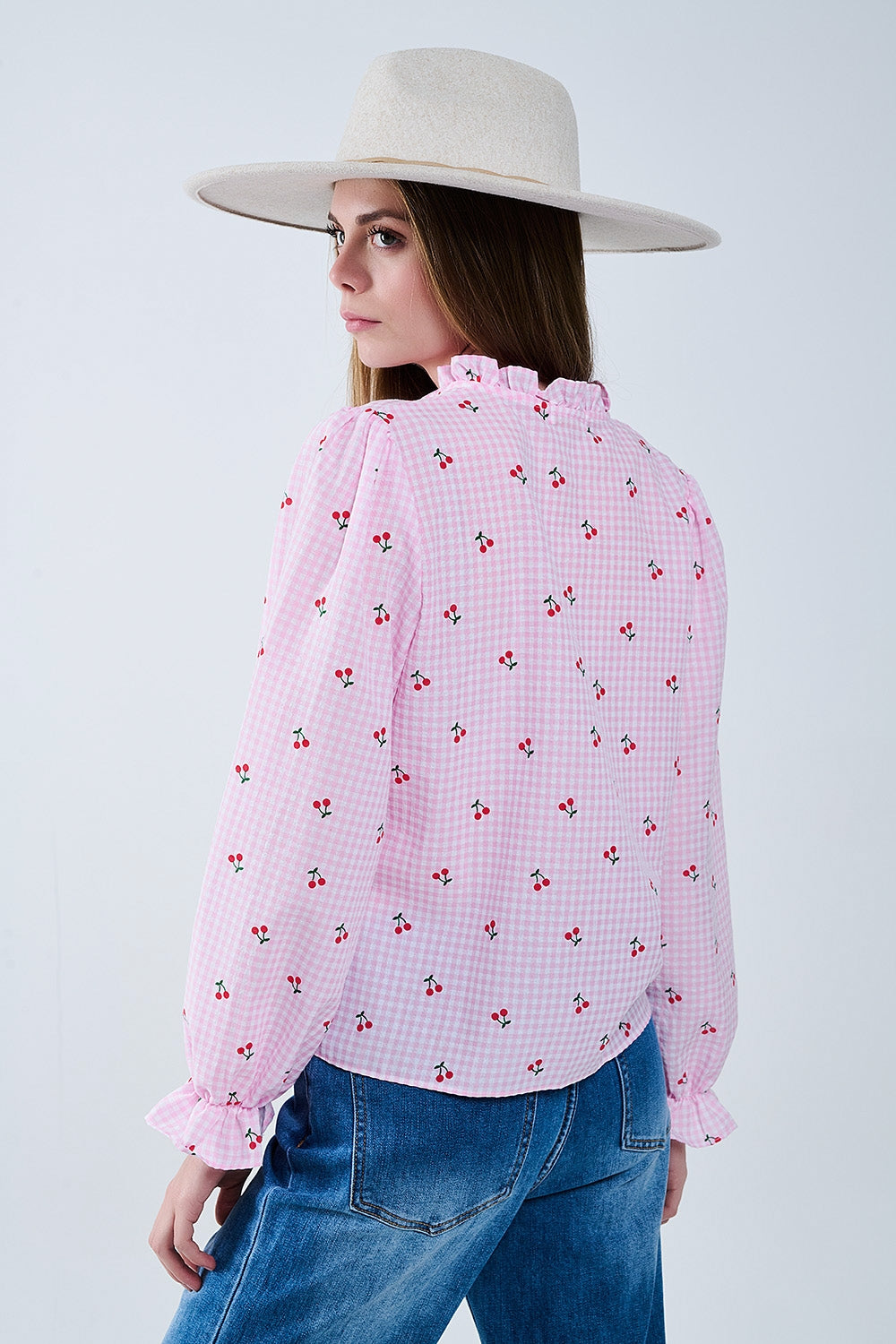 Pink Blouse with Cherry Details and Tied Bow - Shirts