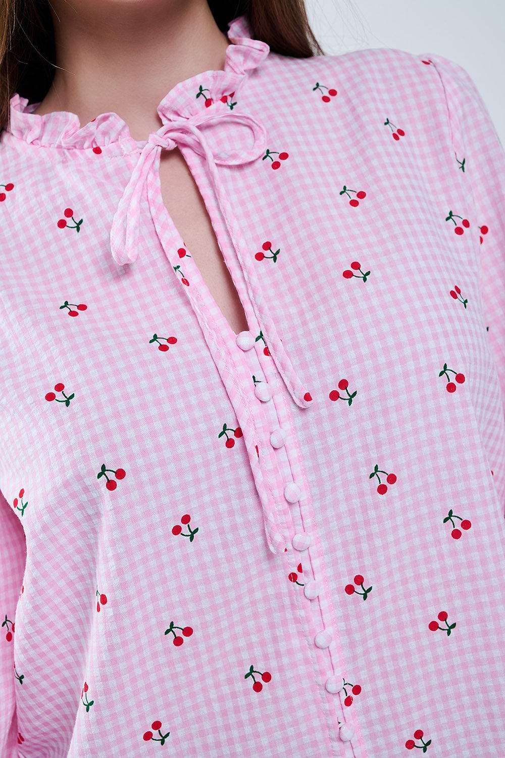Pink Blouse with Cherry Details and Tied Bow - Shirts