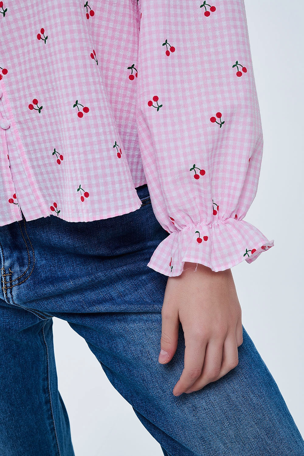 Pink Blouse with Cherry Details and Tied Bow - Shirts