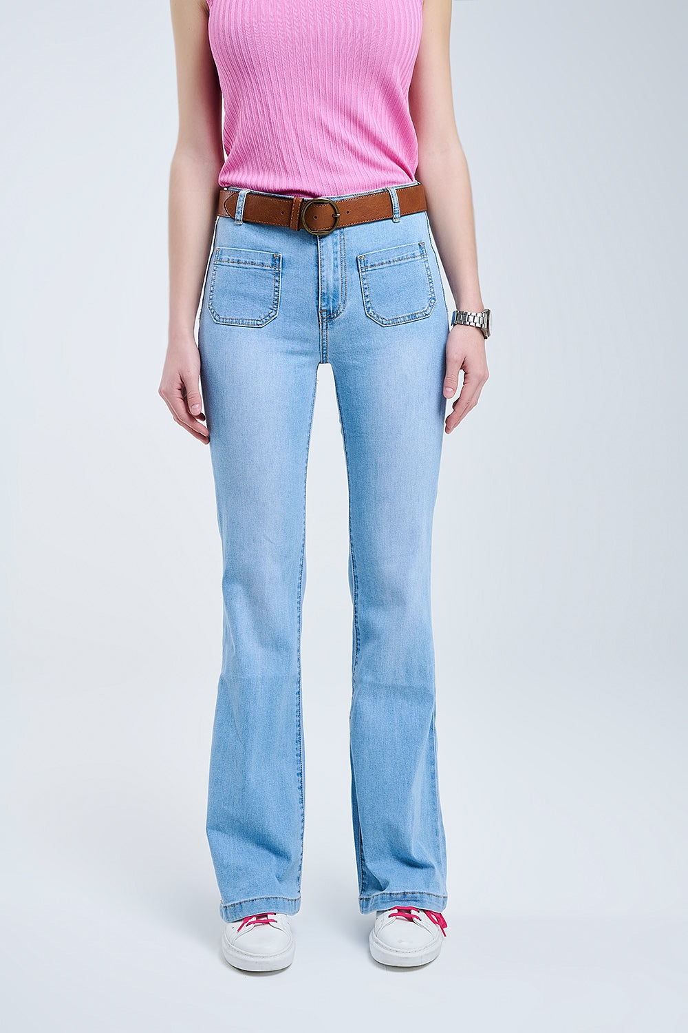 Skinny Light Wash Flare Jeans With Front Pockets - Denim