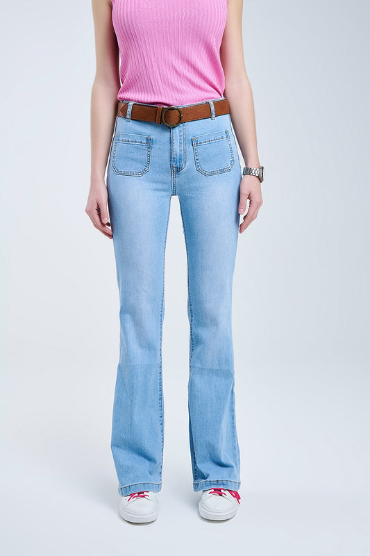 Skinny Light Wash Flare Jeans With Front Pockets - Denim