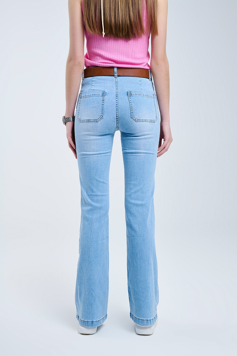 Skinny Light Wash Flare Jeans With Front Pockets - Denim