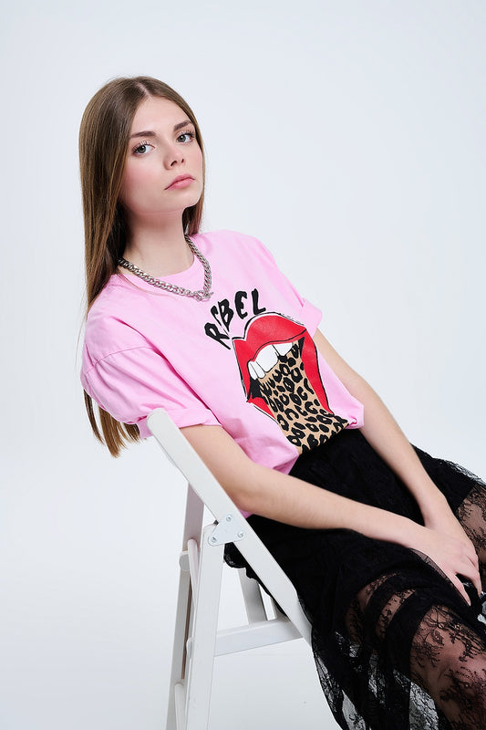 Pink Rebel Graphic Tee with Leopard Print Tongue - top