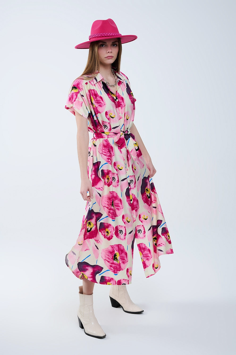 Robe chemise boutonnée imprimé floral fuchsia