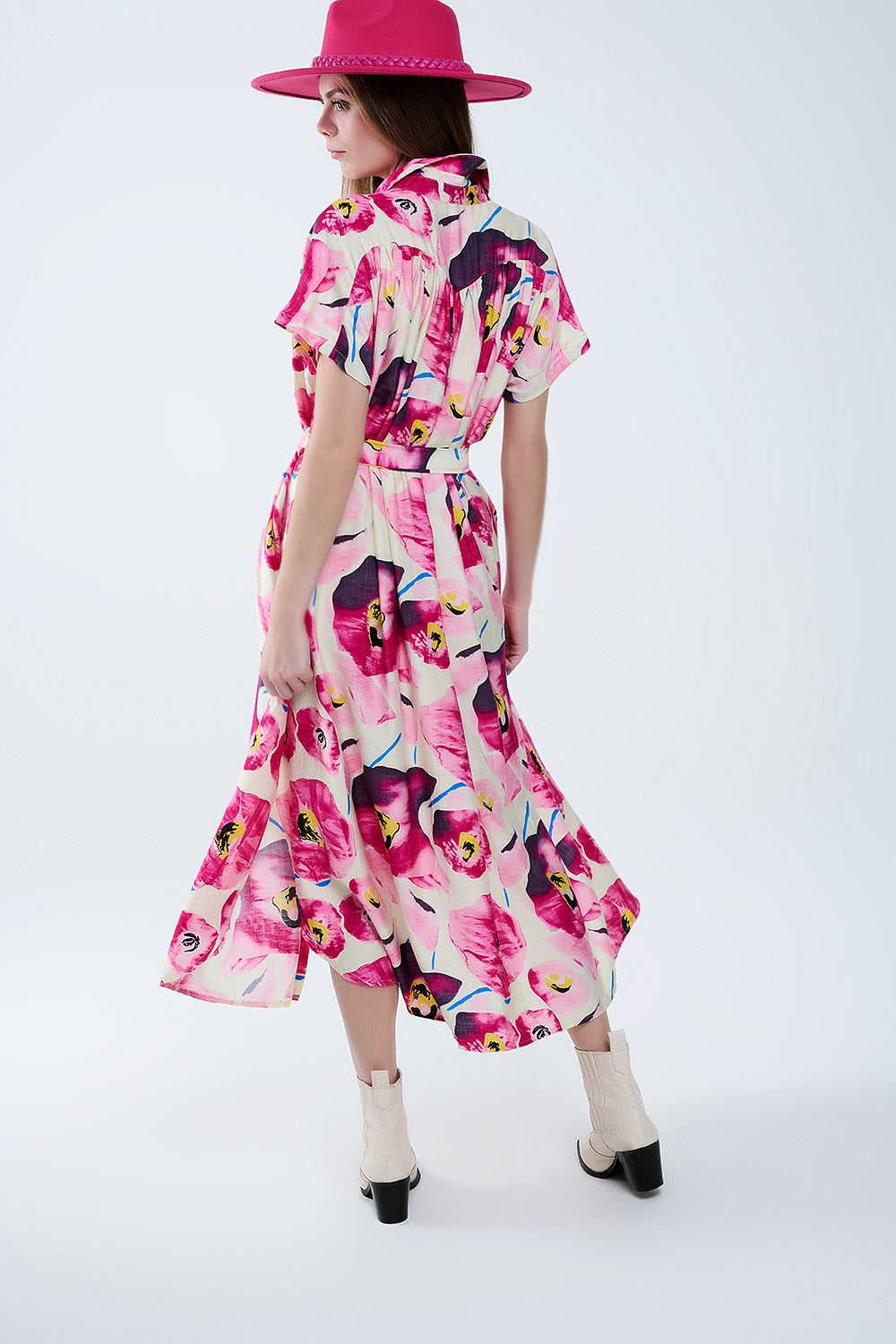 Floral printed buttoned shirt dress in fuchsia - dress