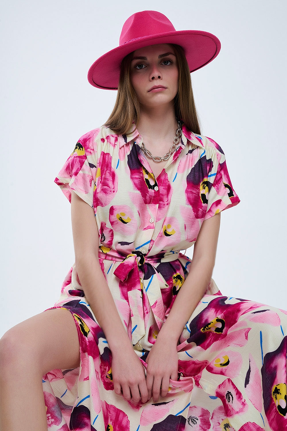 Floral printed buttoned shirt dress in fuchsia - dress