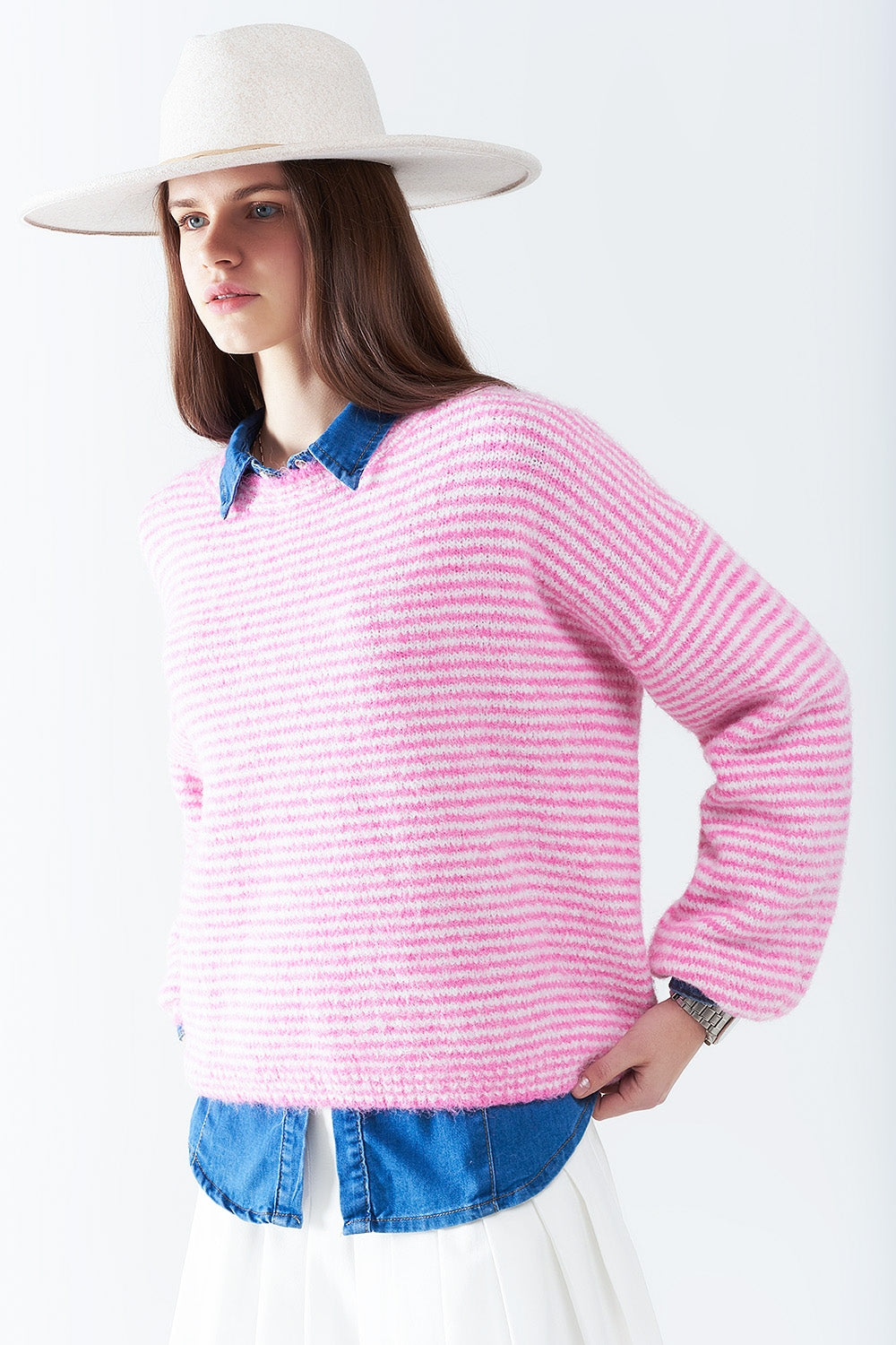 Sweater in Pink With White Stripes - jumper