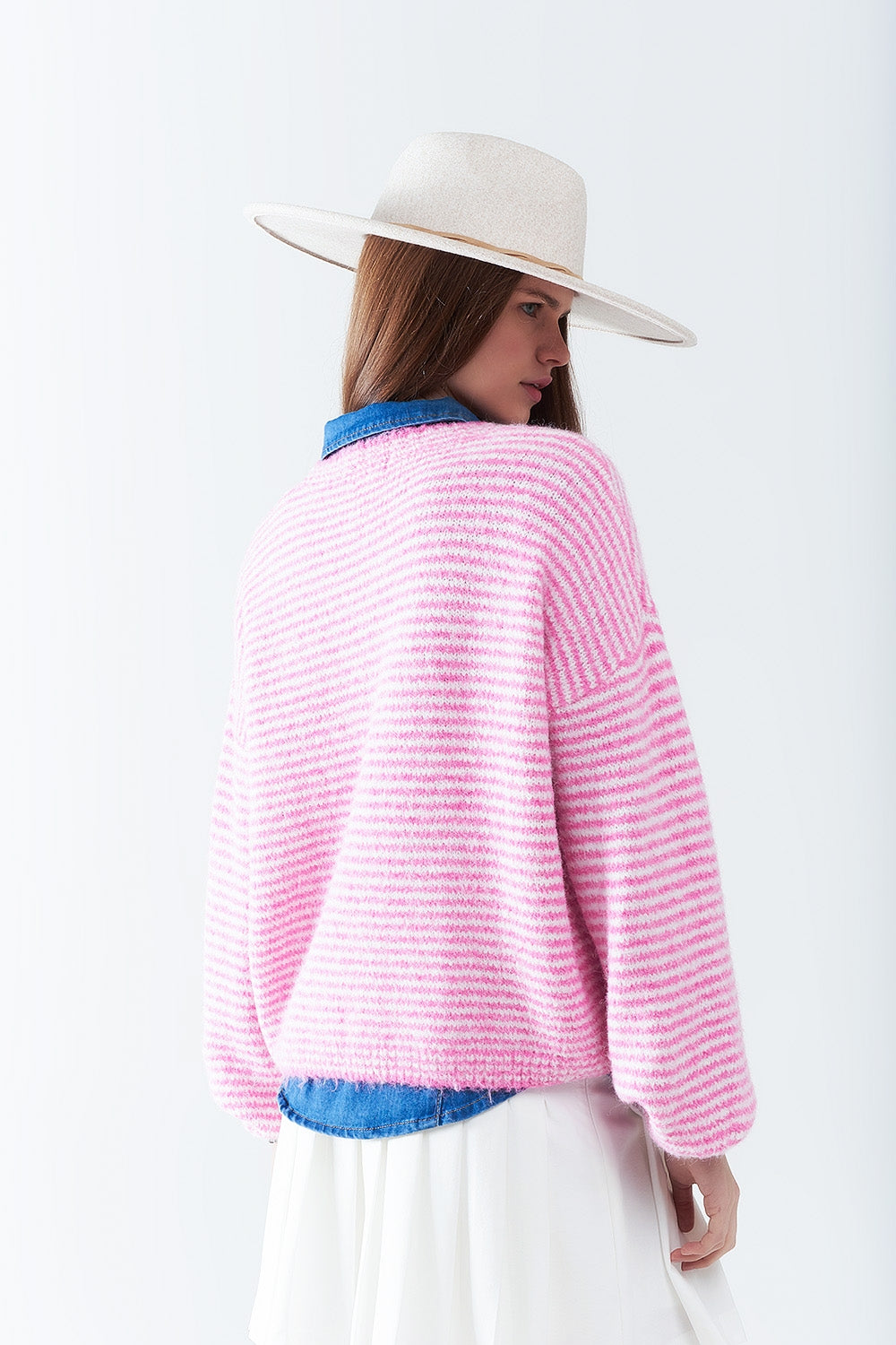 Sweater in Pink With White Stripes - jumper