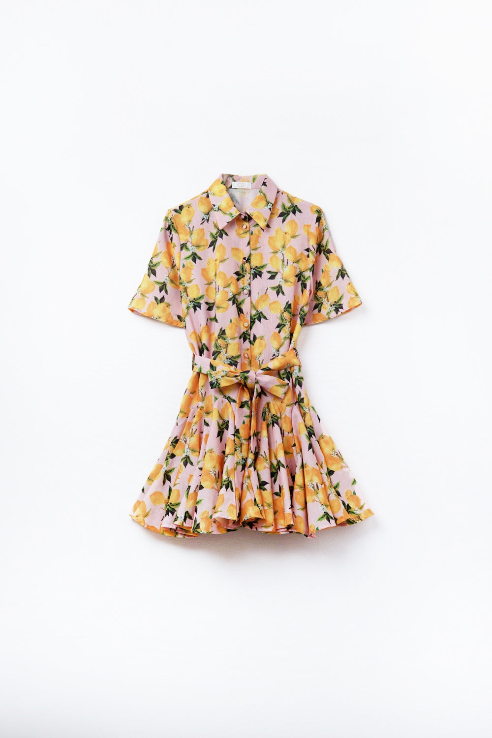 Romantic dress with waistband and lemon print and short sleeves in Pink - dress