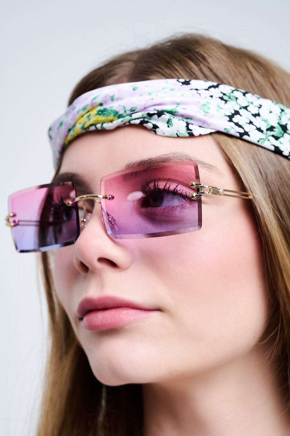 Gold Thin Rimless Square Sunglasses with Purple to Pink Gradient Lenses
