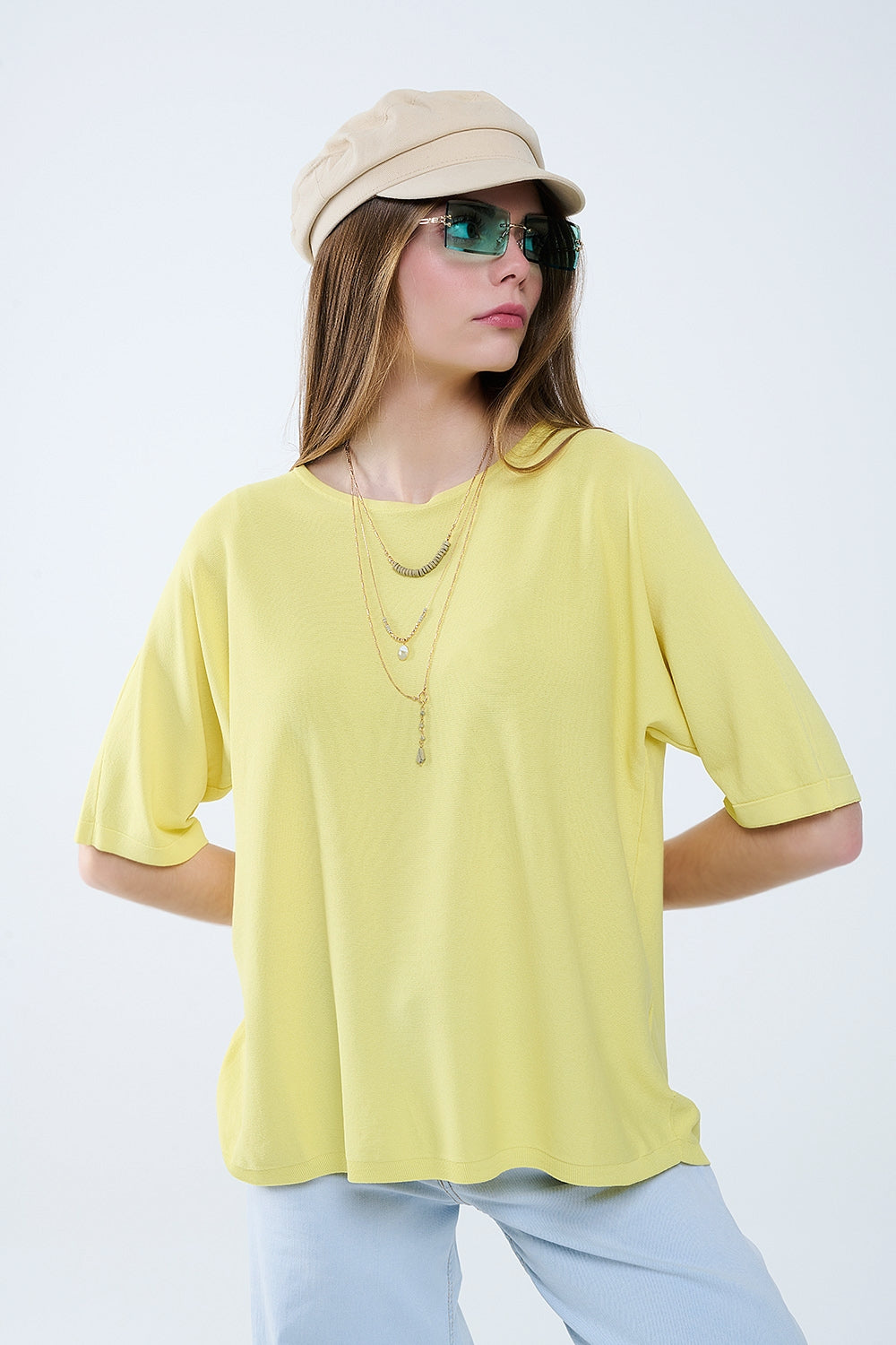 Oversized Yellow sweater with Elbow-Length Sleeves