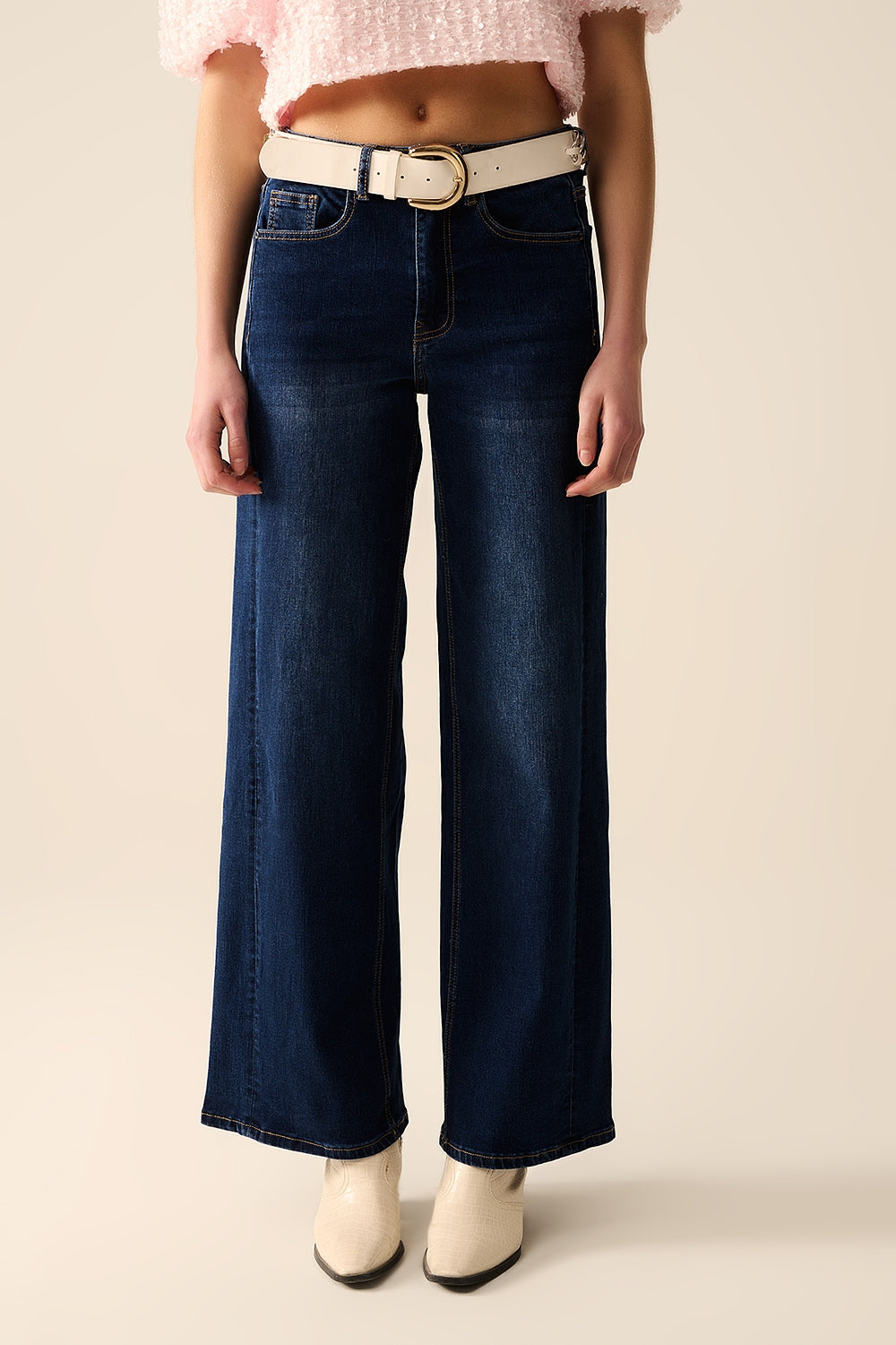 dark wash Wide Leg Stretch Denim Jeans - Denim