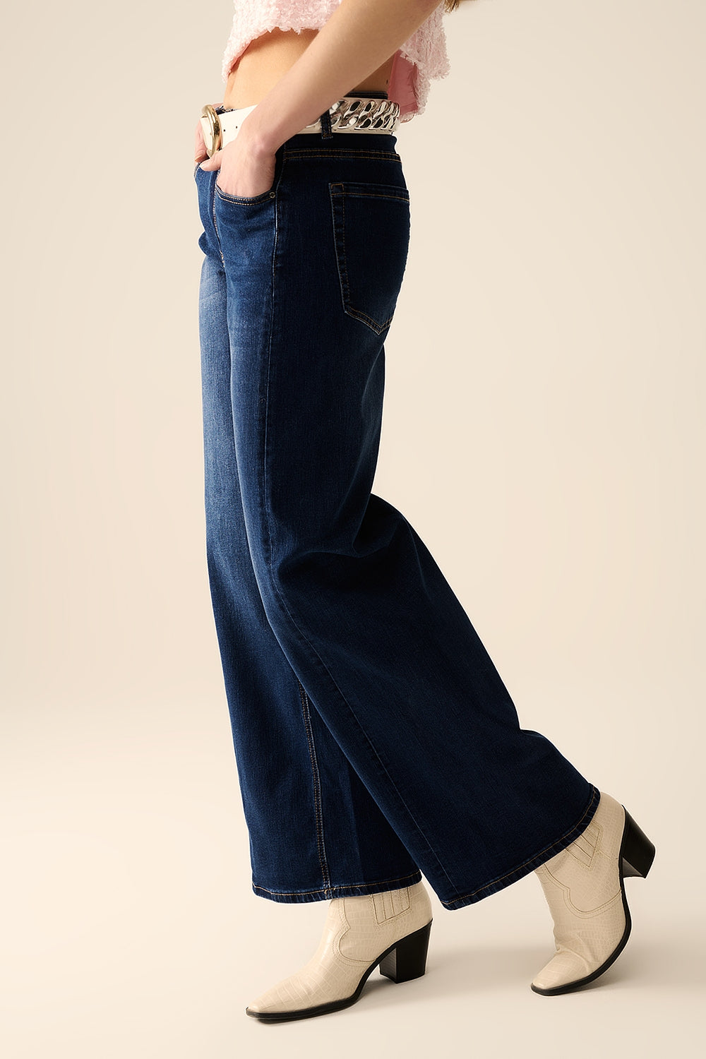 dark wash Wide Leg Stretch Denim Jeans - Denim